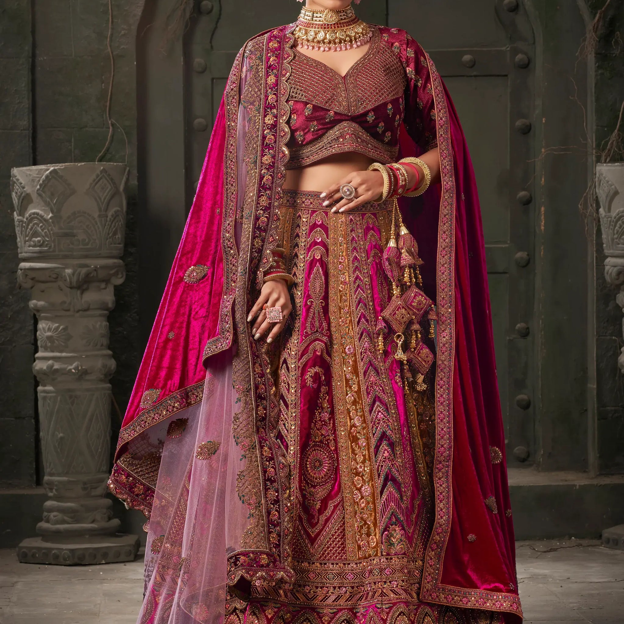 Adorable Rani Pink Velvet Bridal Lehenga Choli With Double Dupatta - Zeel Clothing