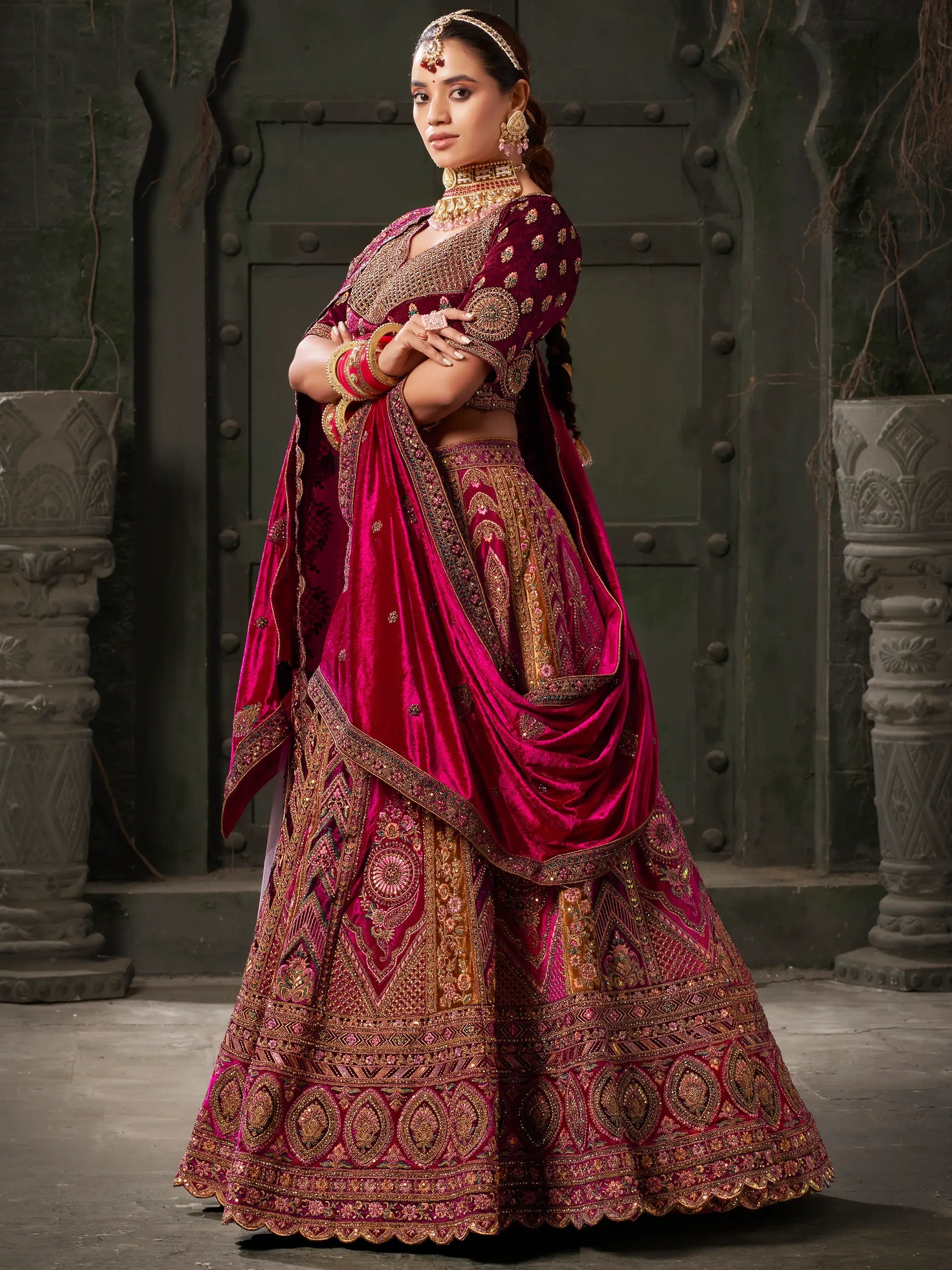 Adorable Rani Pink Velvet Bridal Lehenga Choli With Double Dupatta - Zeel Clothing