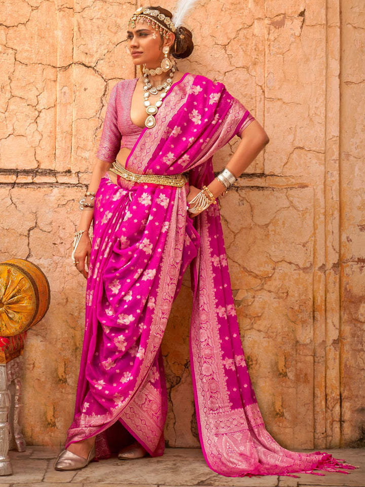 Adorable Rani Pink Zari Weaving Georgette Festival Wear Saree - Zeel Clothing