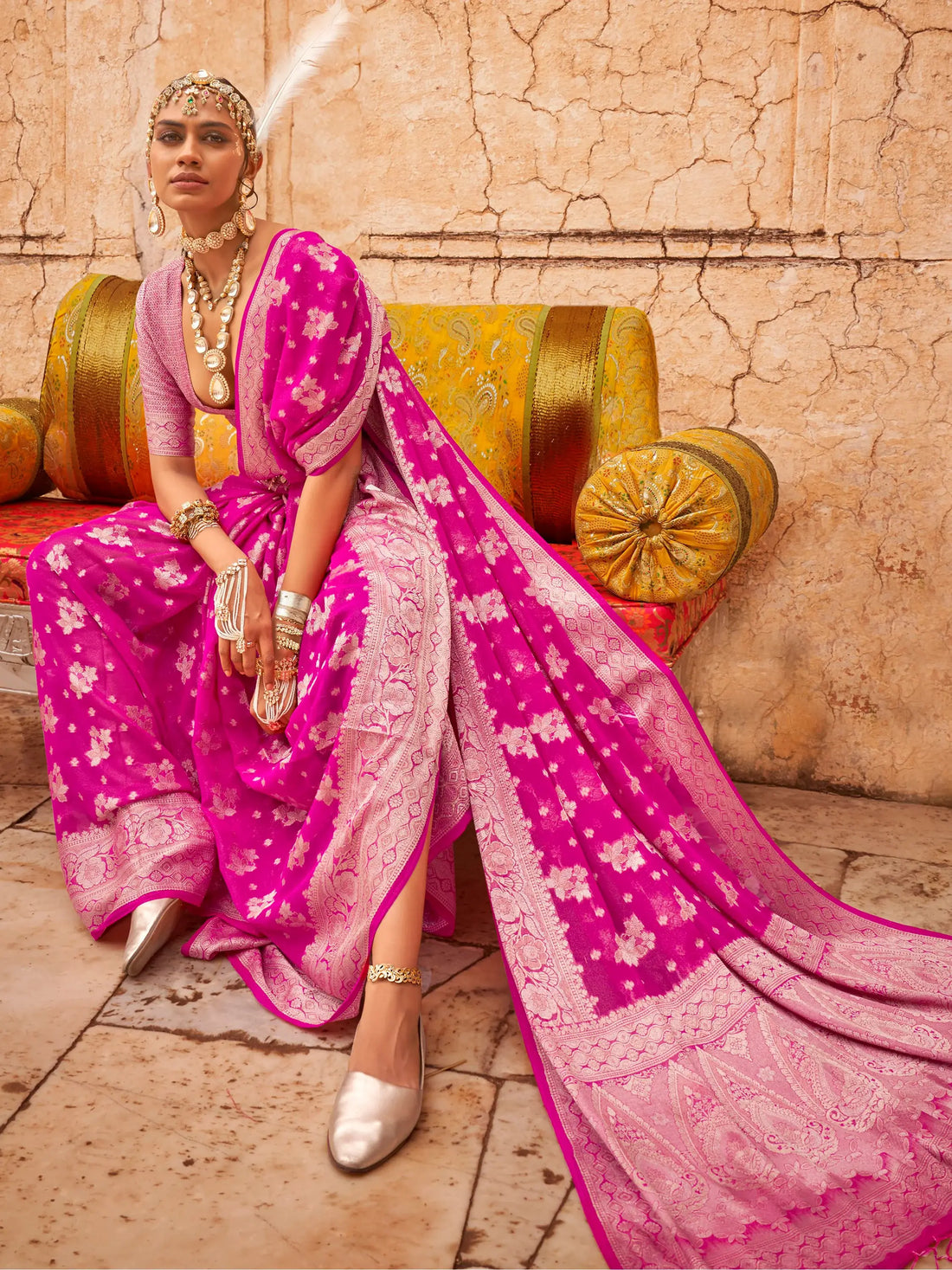 Adorable Rani Pink Zari Weaving Georgette Festival Wear Saree - Zeel Clothing