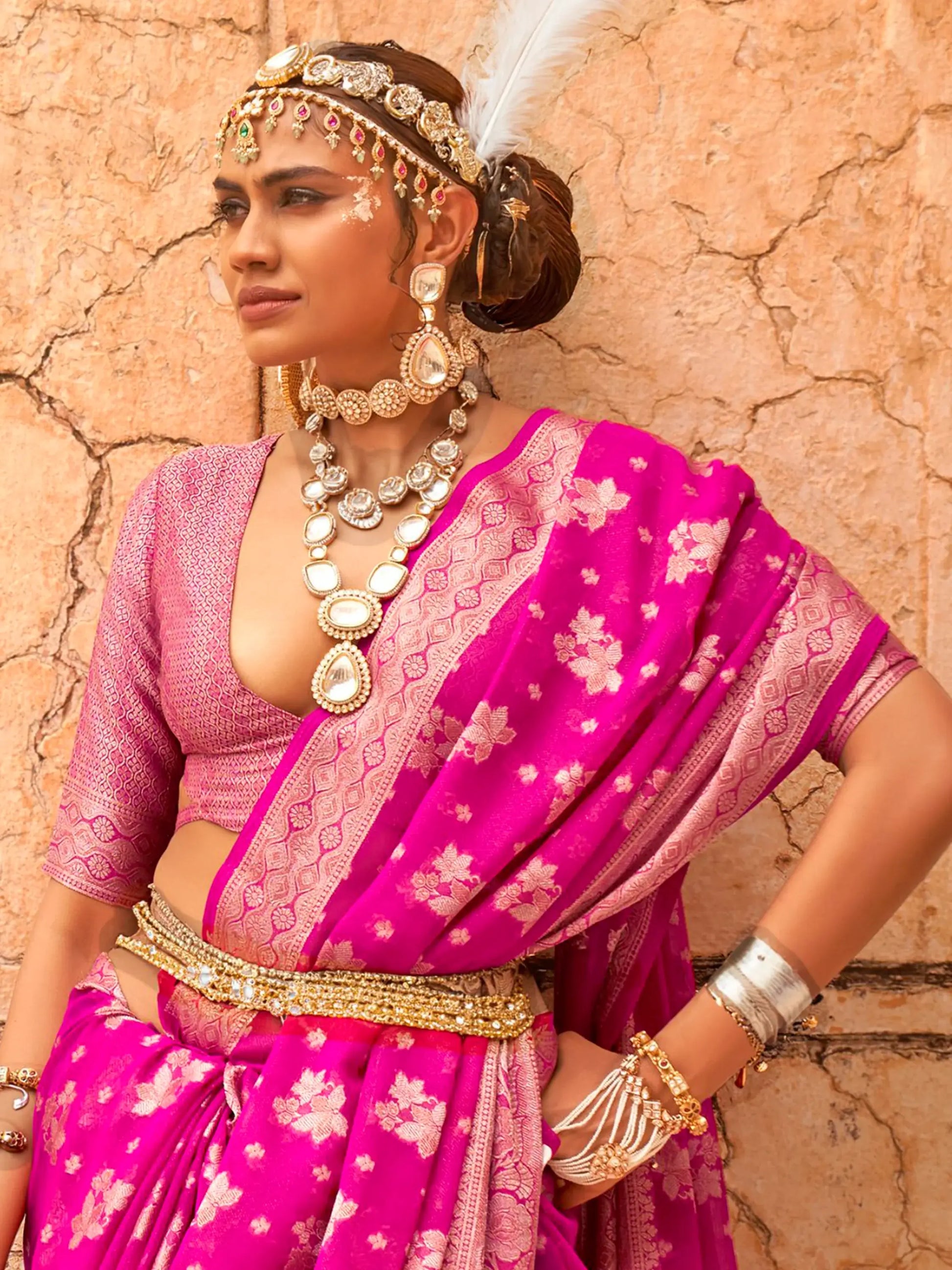 Adorable Rani Pink Zari Weaving Georgette Festival Wear Saree - Zeel Clothing