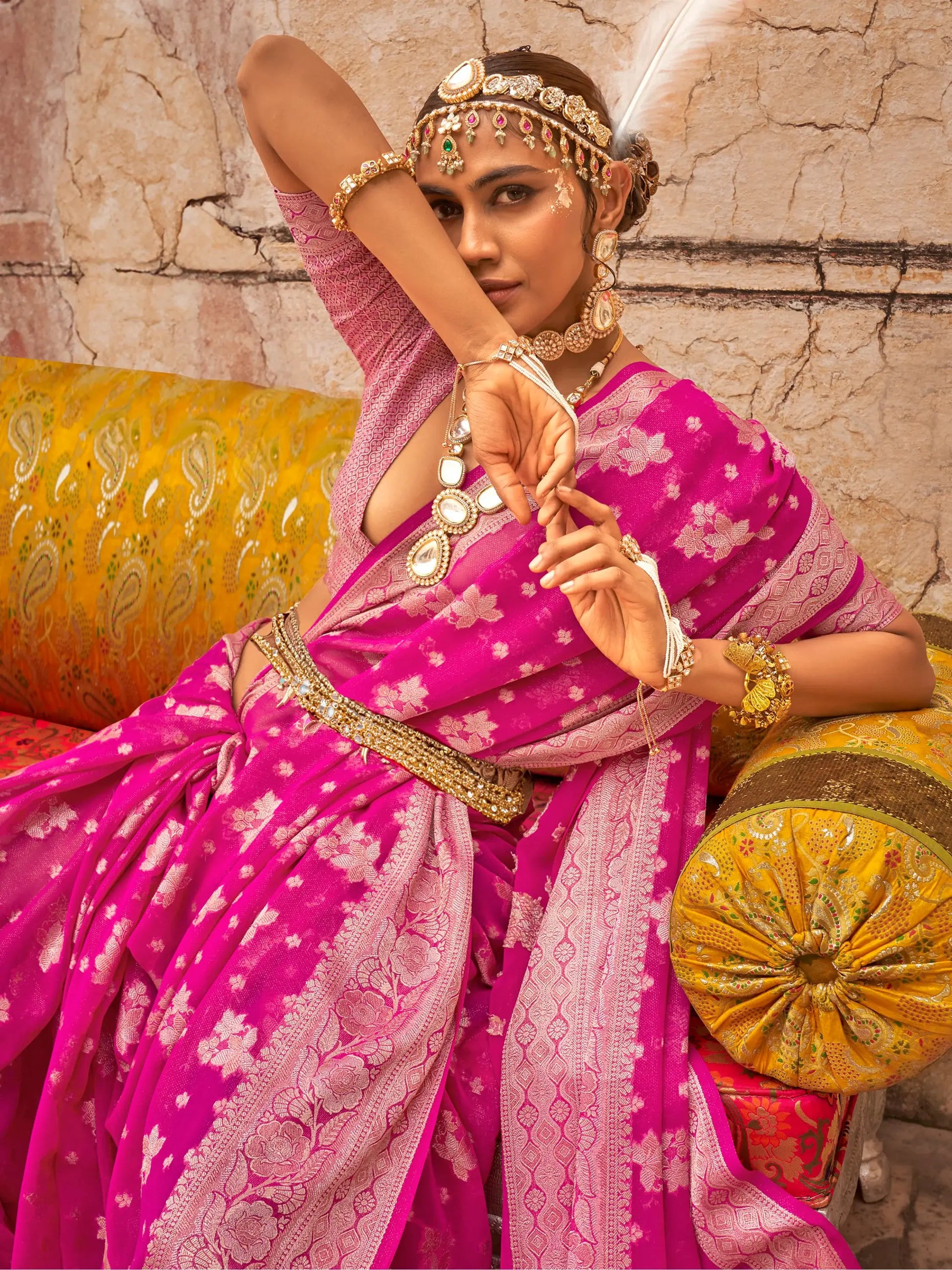 Adorable Rani Pink Zari Weaving Georgette Festival Wear Saree - Zeel Clothing