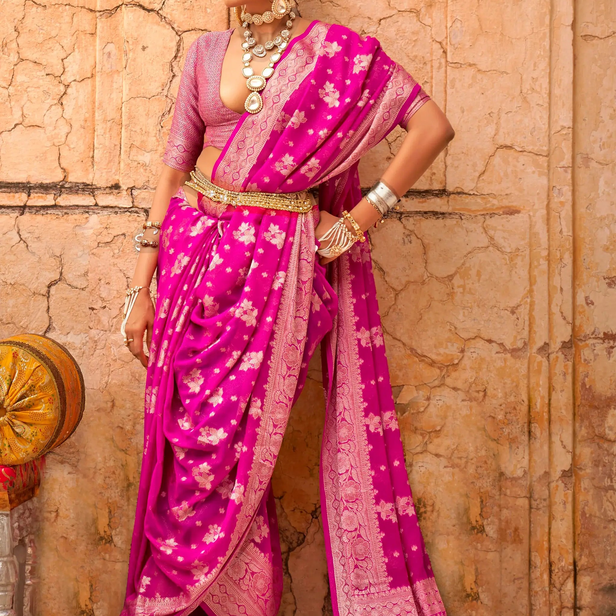 Adorable Rani Pink Zari Weaving Georgette Festival Wear Saree - Zeel Clothing