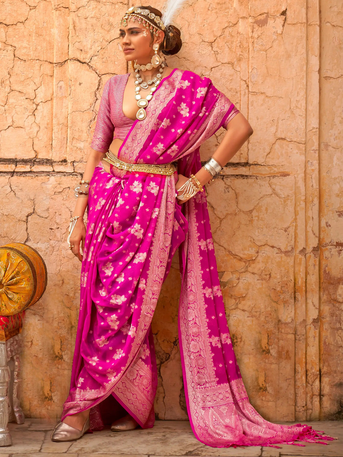 Adorable Rani Pink Zari Weaving Georgette Festival Wear Saree - Zeel Clothing