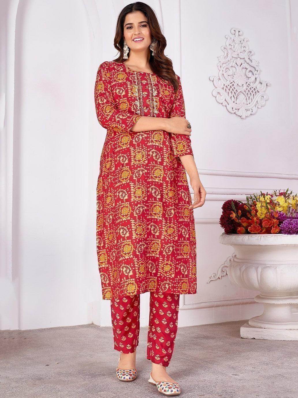 Adorable Red Digital Printed Rayon Traditional Readymade Pant Suit - Zeel Clothing