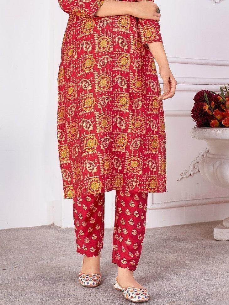 Adorable Red Digital Printed Rayon Traditional Readymade Pant Suit - Zeel Clothing