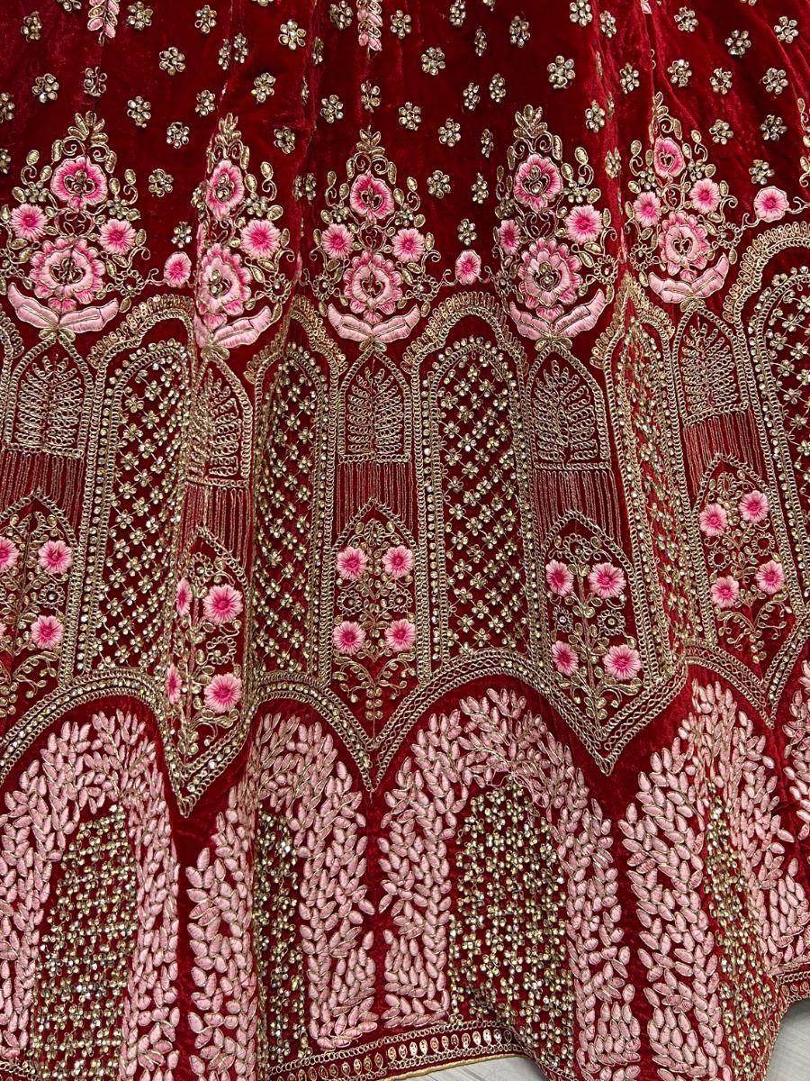 Adorable Red Multi-Thread Work Velvet Bridal Lehenga Choli With Dupatta - Zeel Clothing