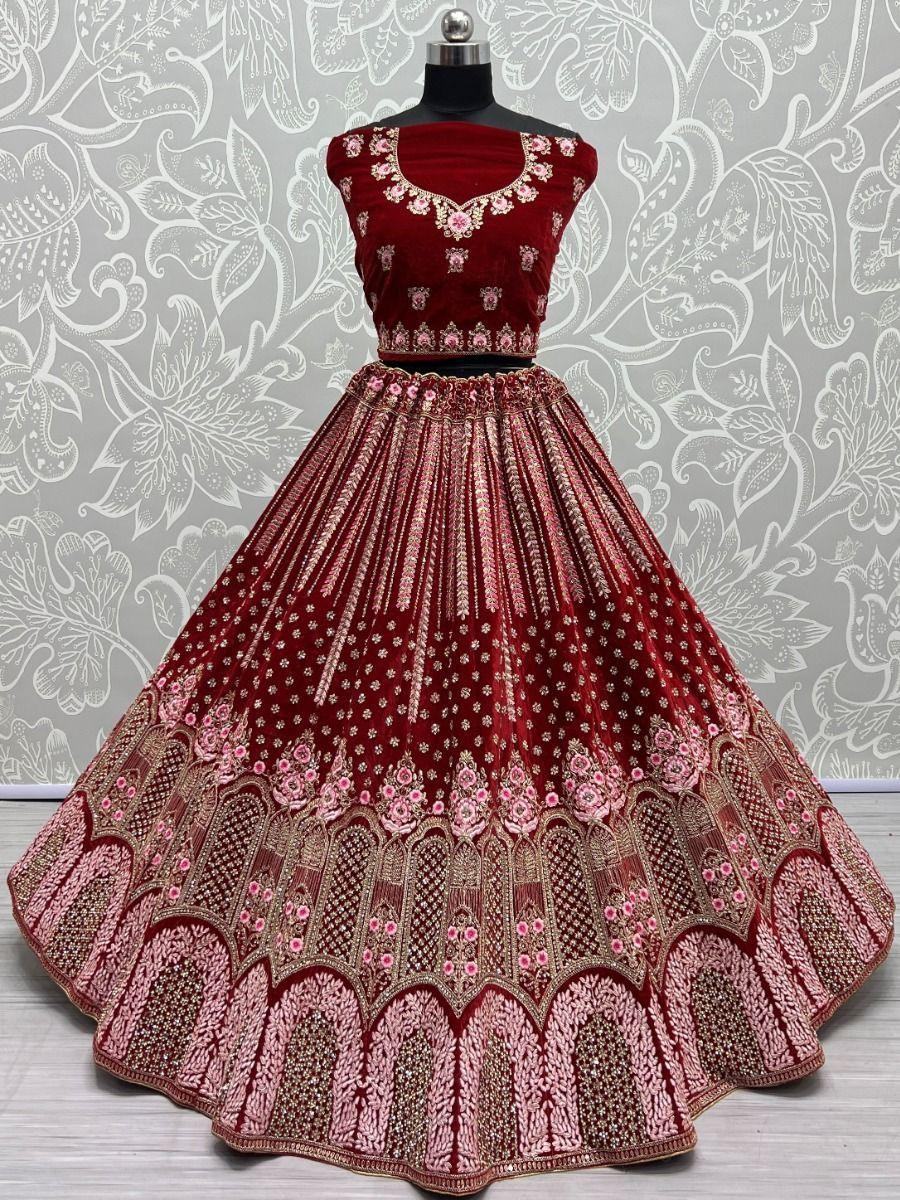 Adorable Red Multi-Thread Work Velvet Bridal Lehenga Choli With Dupatta
