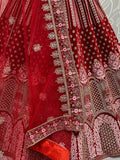 Adorable Red Multi-Thread Work Velvet Bridal Lehenga Choli With Dupatta - Zeel Clothing
