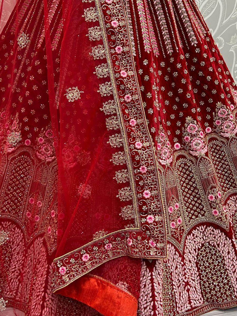Adorable Red Multi-Thread Work Velvet Bridal Lehenga Choli With Dupatta - Zeel Clothing