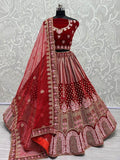 Adorable Red Multi-Thread Work Velvet Bridal Lehenga Choli With Dupatta - Zeel Clothing
