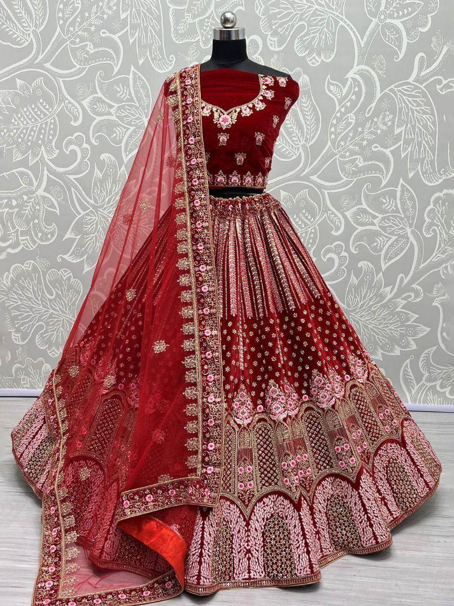 Adorable Red Multi-Thread Work Velvet Bridal Lehenga Choli With Dupatta - Zeel Clothing