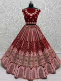 Adorable Red Multi-Thread Work Velvet Bridal Lehenga Choli With Dupatta - Zeel Clothing