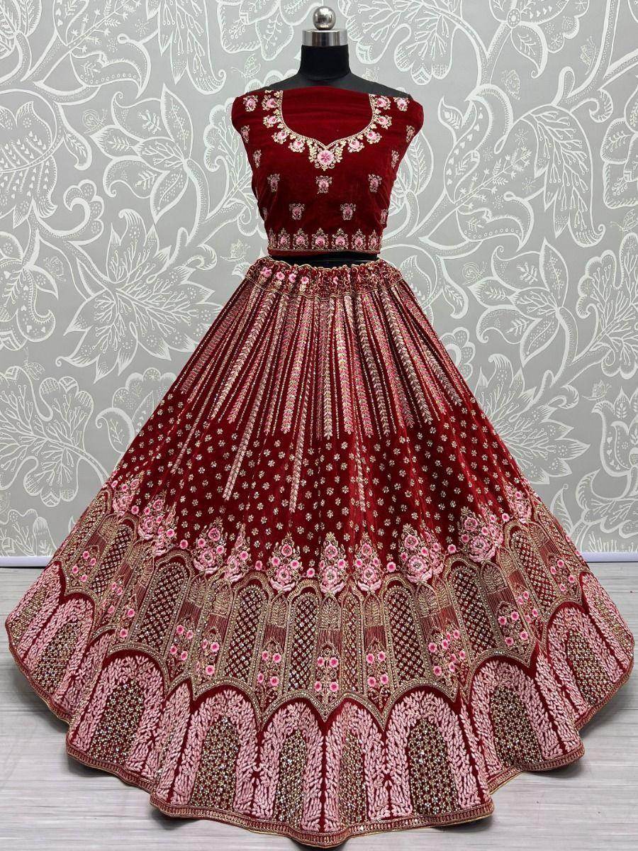 Adorable Red Multi-Thread Work Velvet Bridal Lehenga Choli With Dupatta - Zeel Clothing