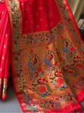 Adorable Red Woven Paithani Silk Event Wear Saree With Blouse - Zeel Clothing