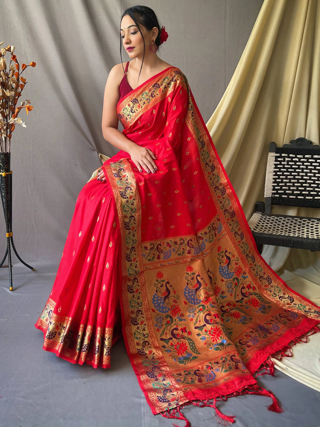 Adorable Red Woven Paithani Silk Event Wear Saree With Blouse - Zeel Clothing