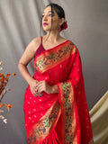 Adorable Red Woven Paithani Silk Event Wear Saree With Blouse - Zeel Clothing