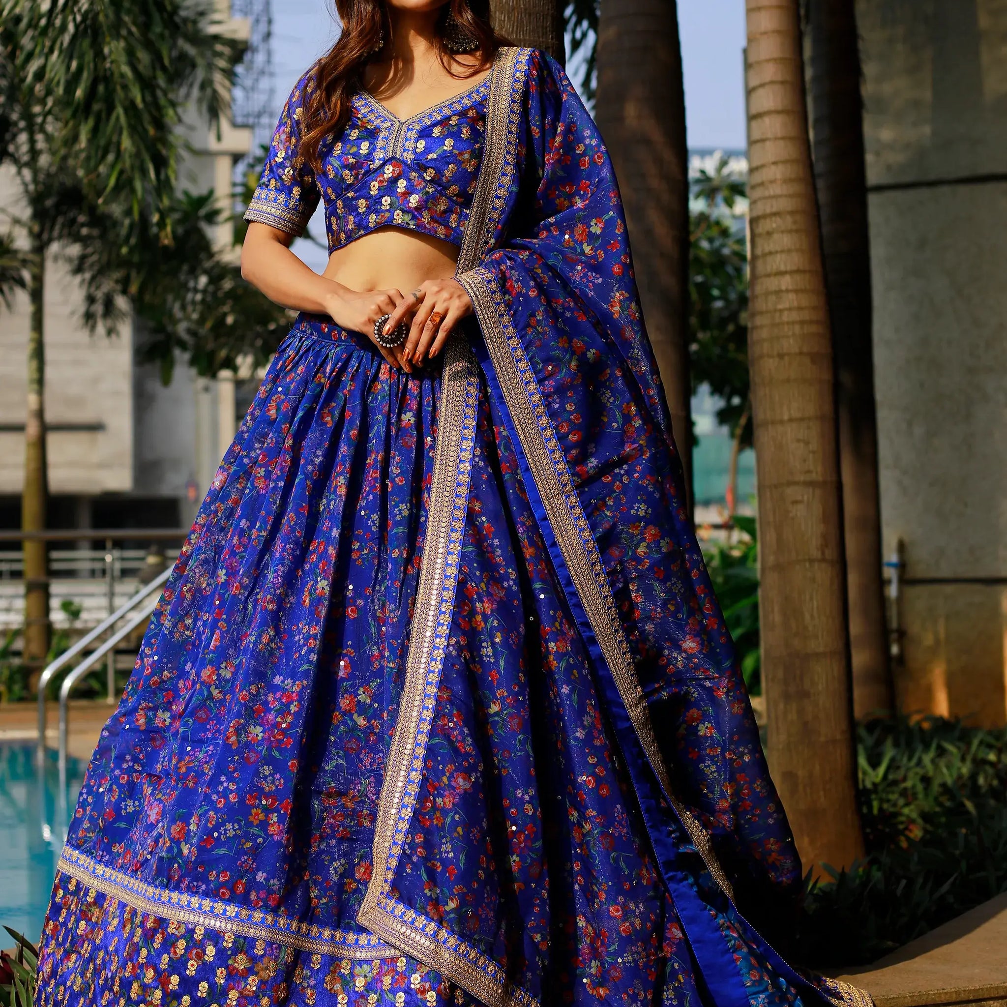 Adorable Royal Blue Floral Printed Organza Lehenga Choli With Dupatta - Zeel Clothing