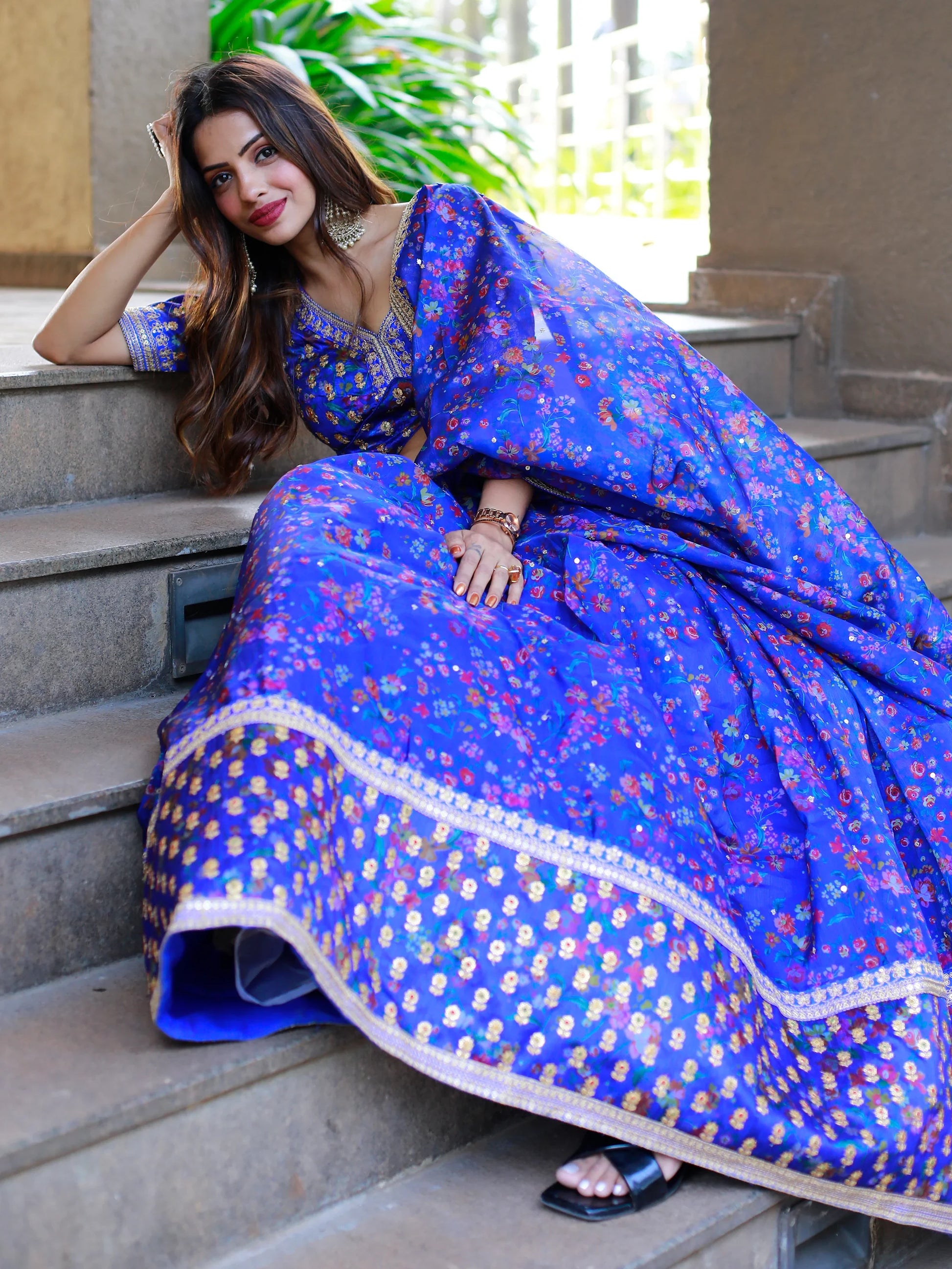 Adorable Royal Blue Floral Printed Organza Lehenga Choli With Dupatta - Zeel Clothing