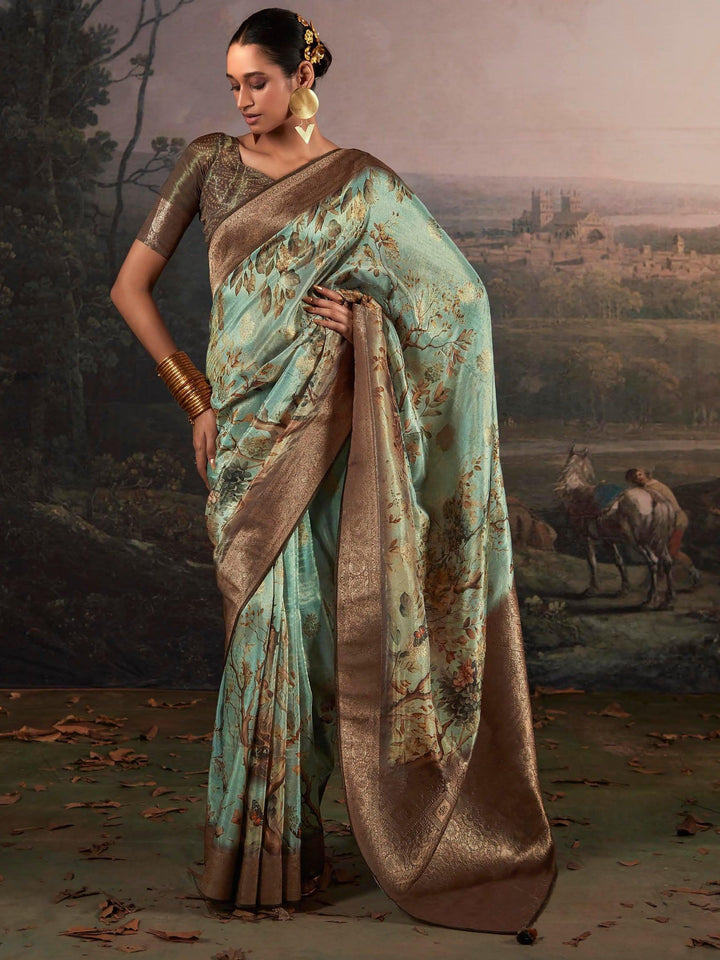 Adorable Sage Green Floral Printed Silk Function Wear Saree