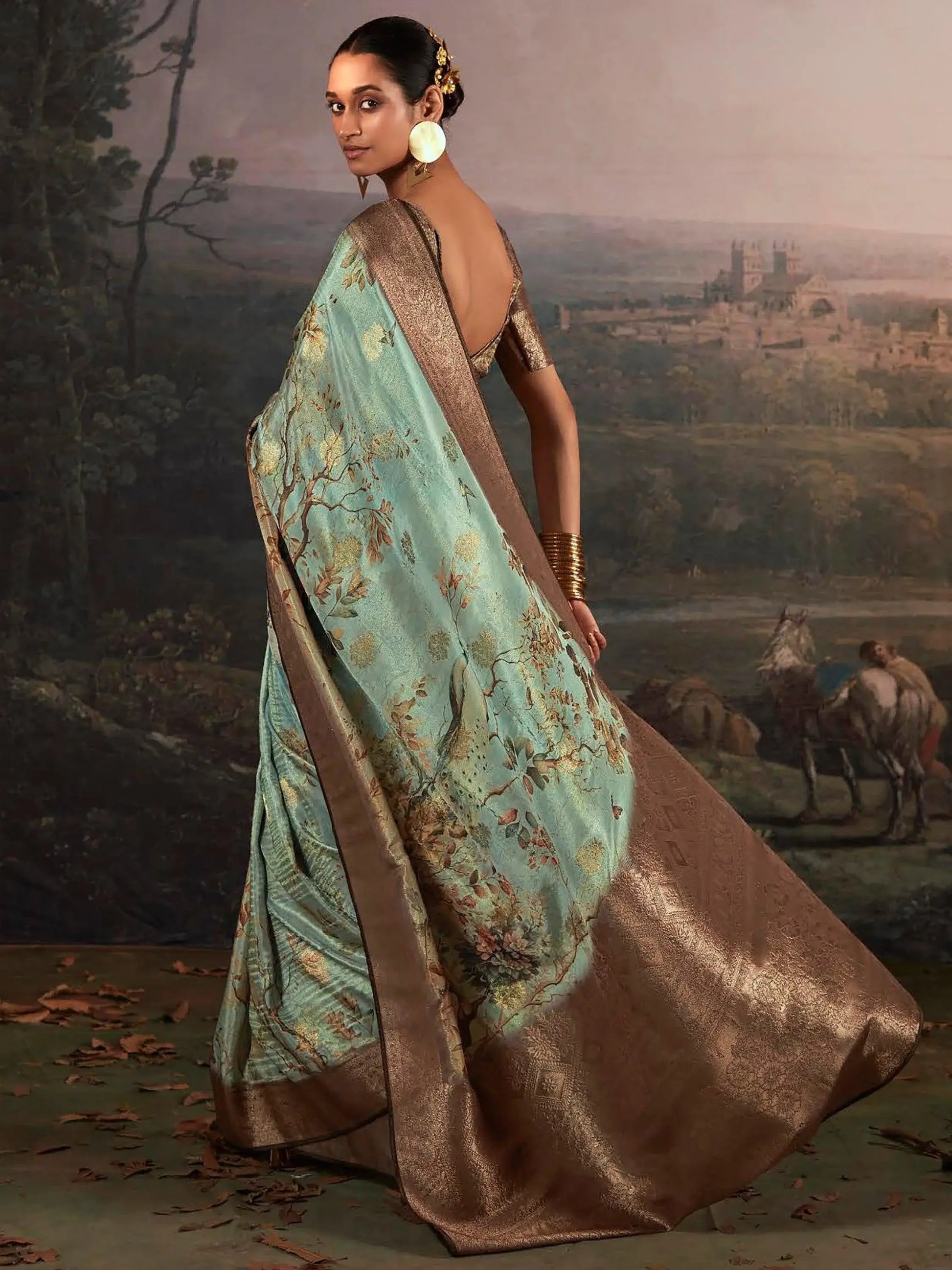 Adorable Sage Green Floral Printed Silk Function Wear Saree - Zeel Clothing