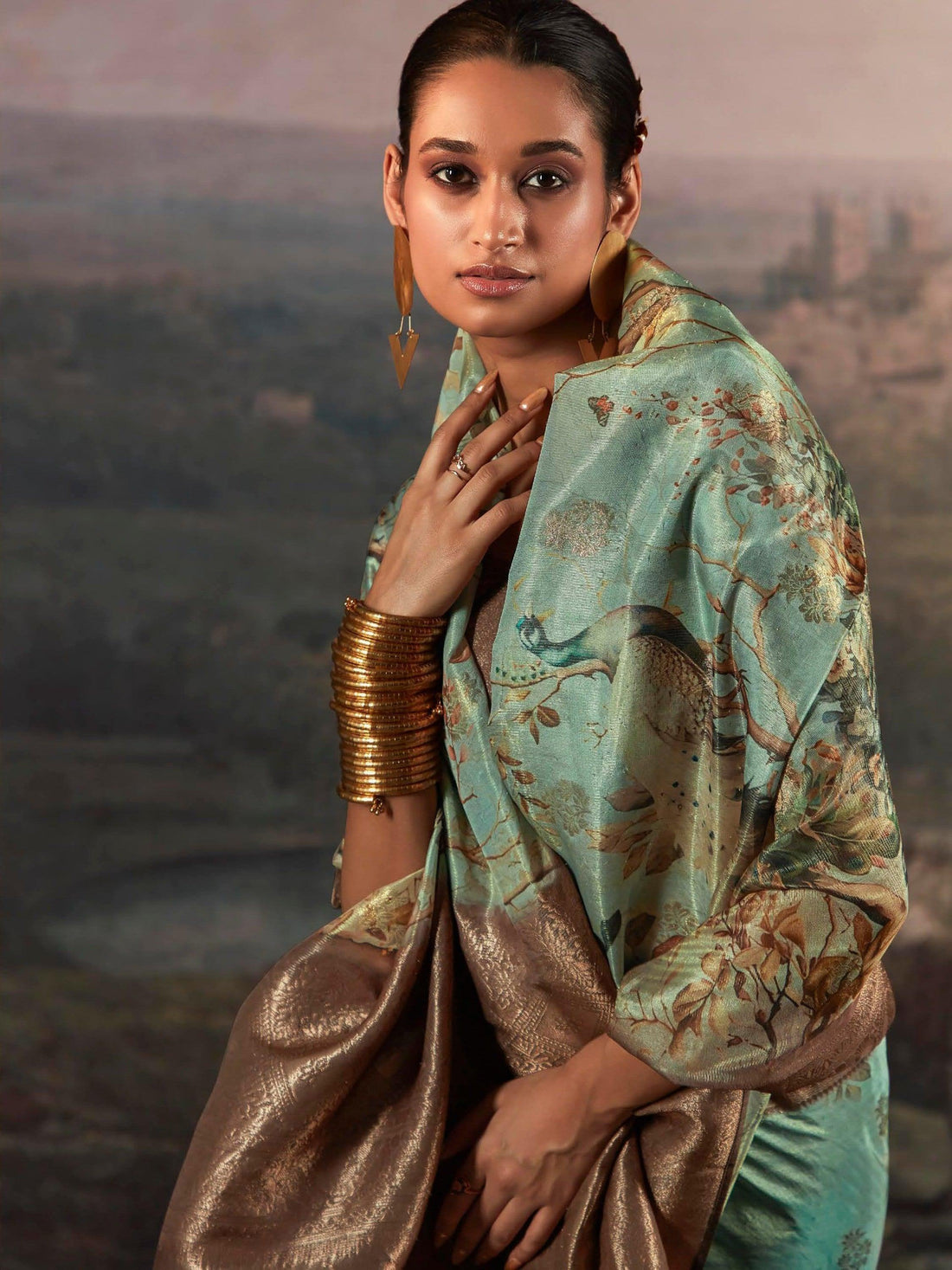 Adorable Sage Green Floral Printed Silk Function Wear Saree