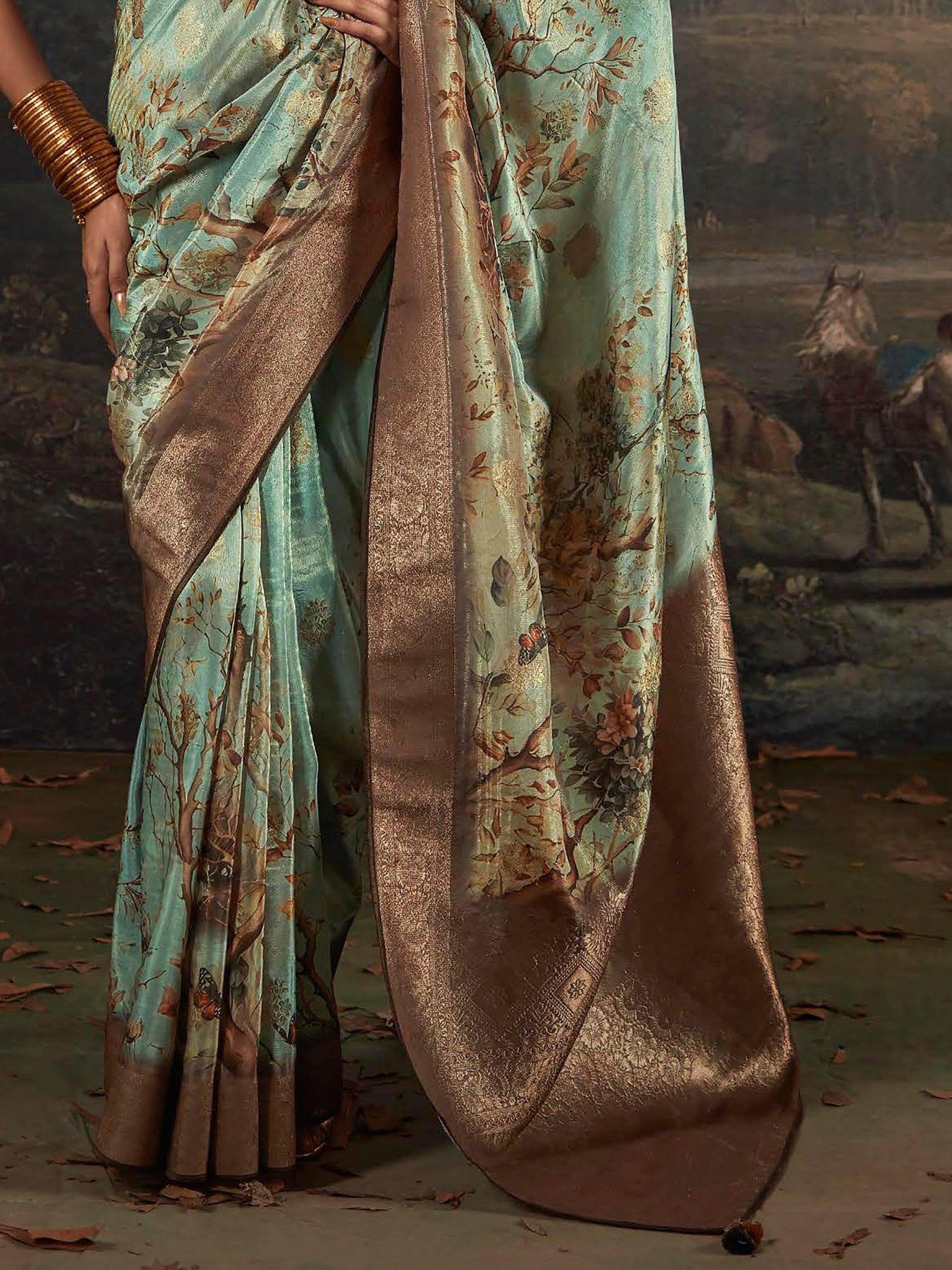 Adorable Sage Green Floral Printed Silk Function Wear Saree - Zeel Clothing