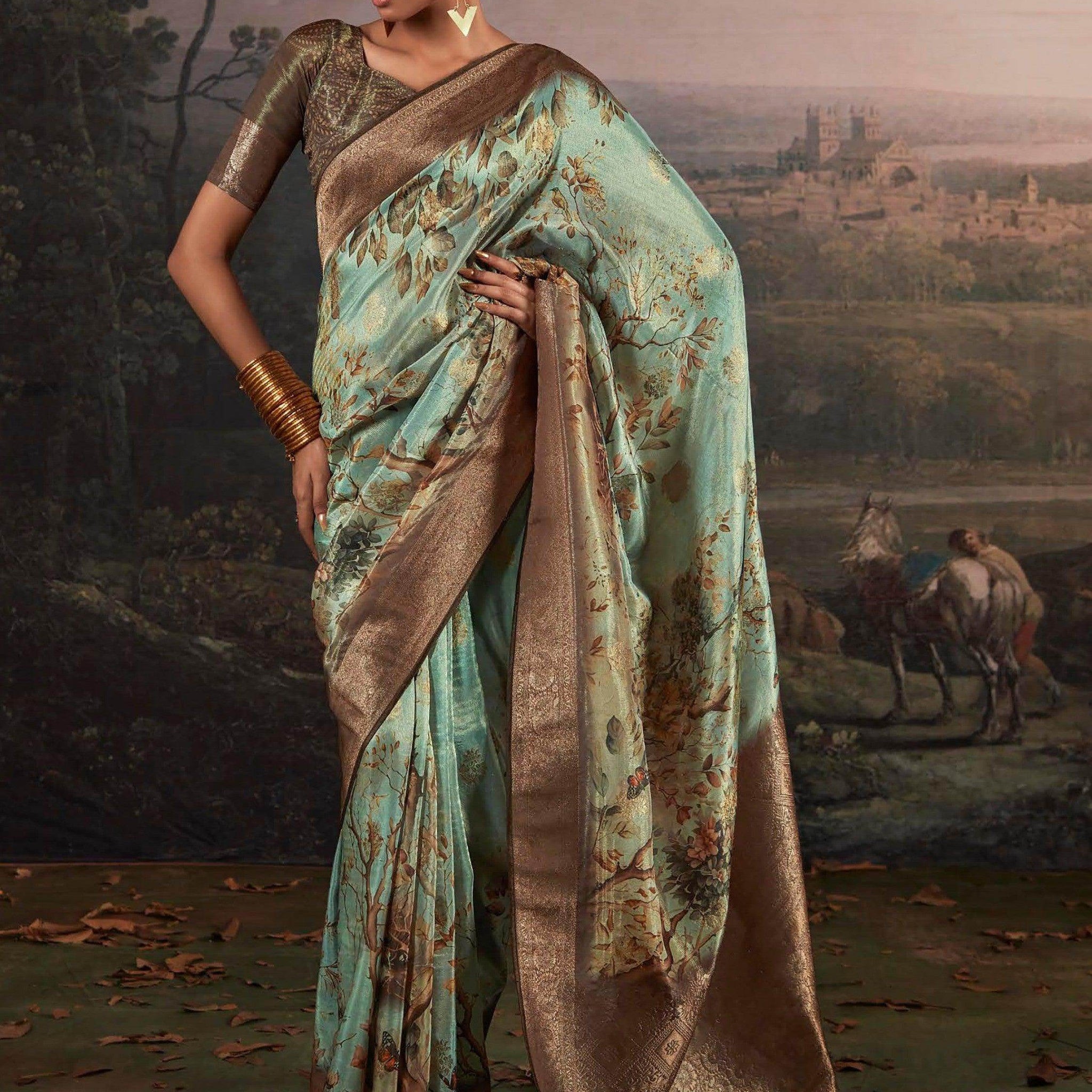 Adorable Sage Green Floral Printed Silk Function Wear Saree - Zeel Clothing