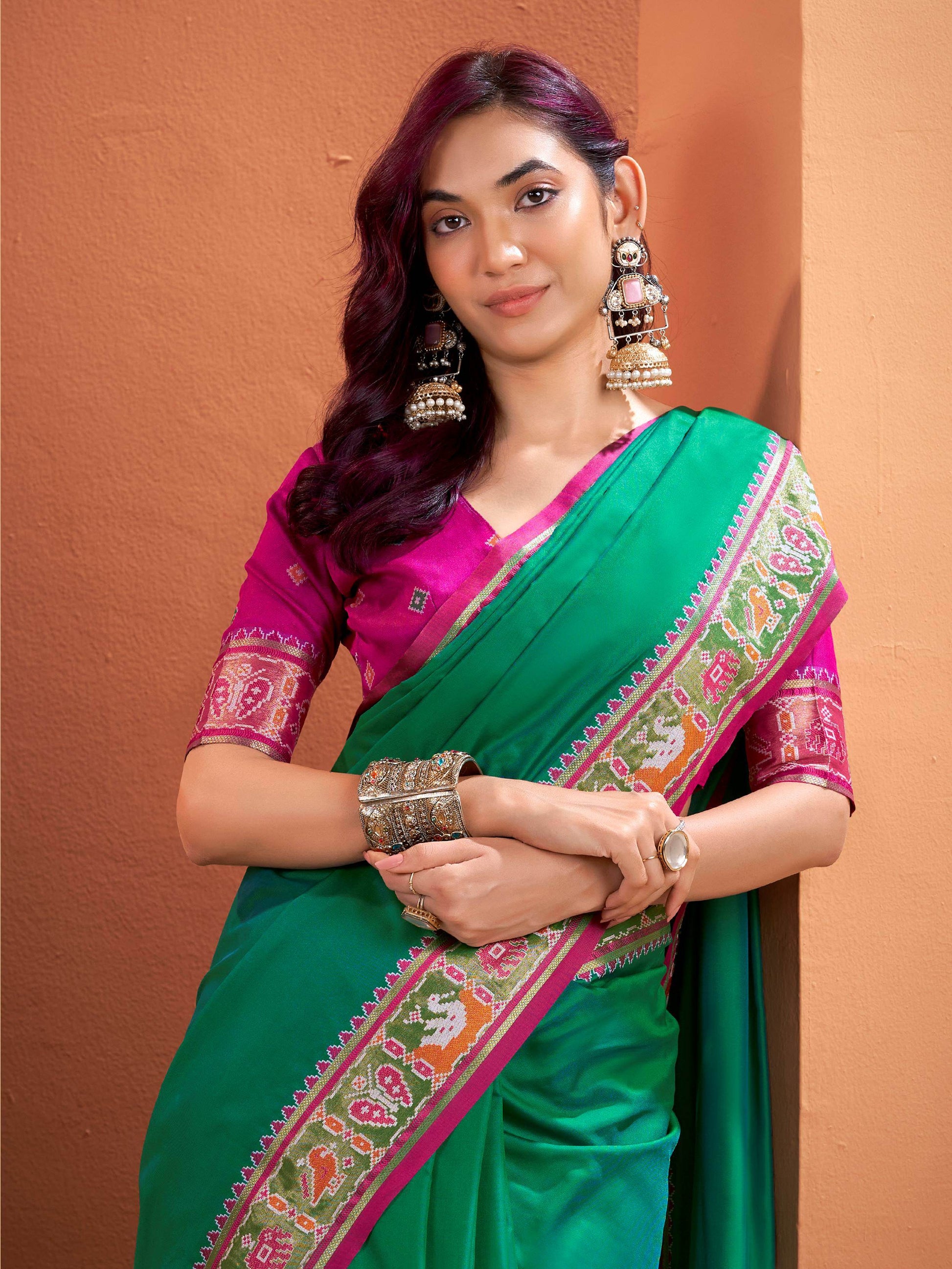 Adorable Sea Green Patola Weaving Silk Mehendi Wear Saree With Blouse - Zeel Clothing