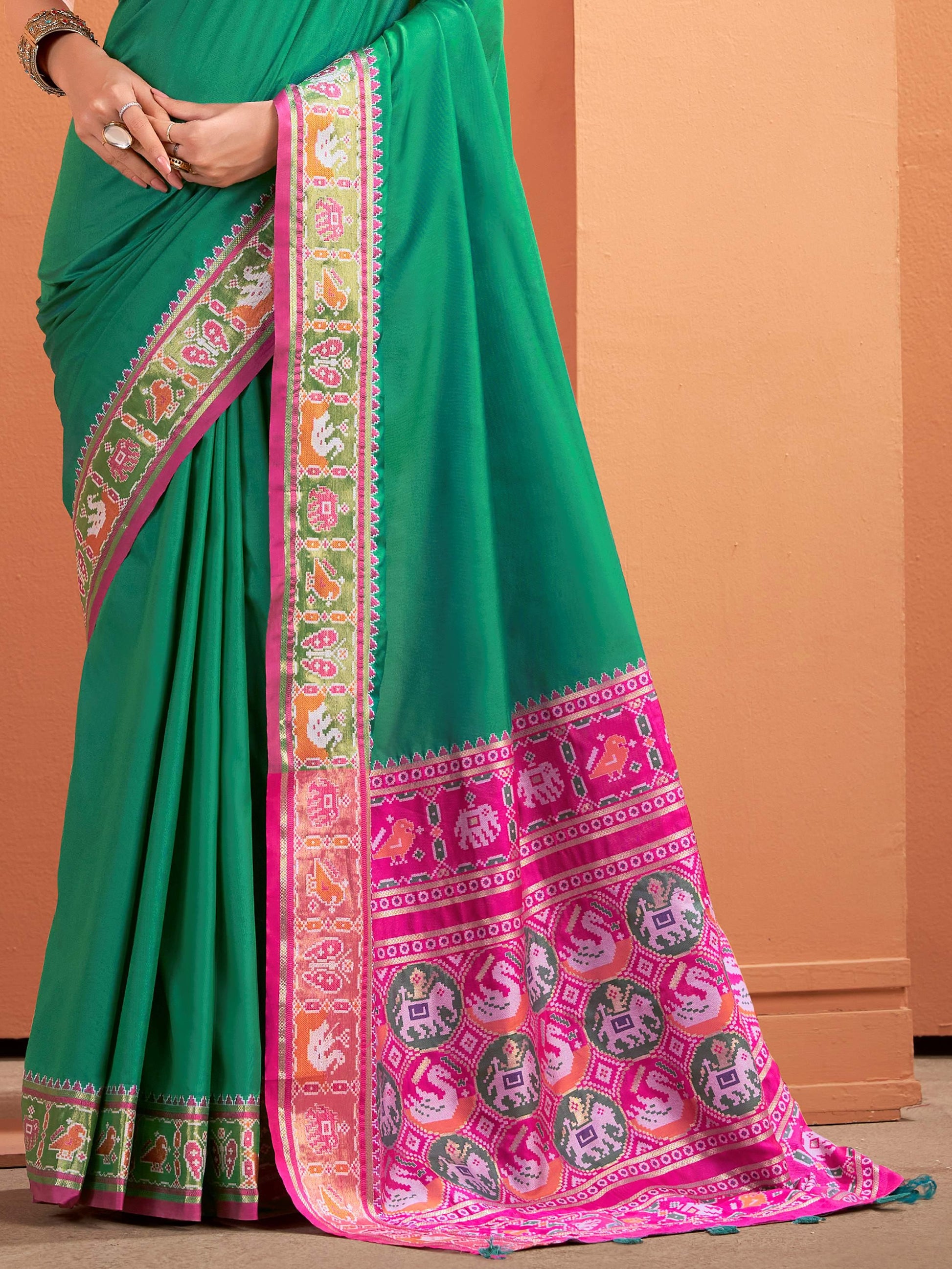 Adorable Sea Green Patola Weaving Silk Mehendi Wear Saree With Blouse - Zeel Clothing