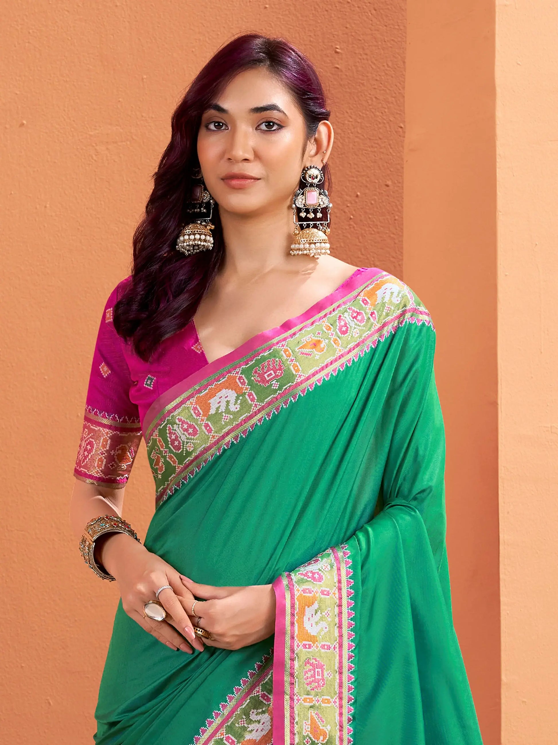 Adorable Sea Green Patola Weaving Silk Mehendi Wear Saree With Blouse - Zeel Clothing