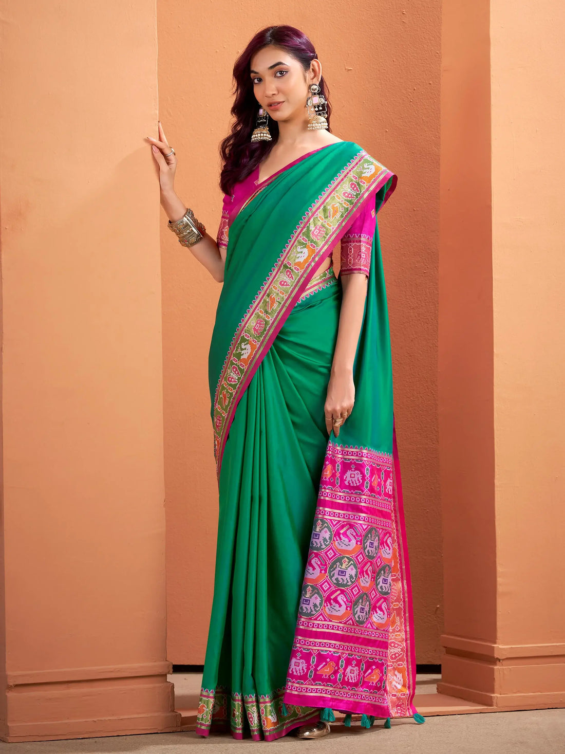 Adorable Sea Green Patola Weaving Silk Mehendi Wear Saree With Blouse - Zeel Clothing