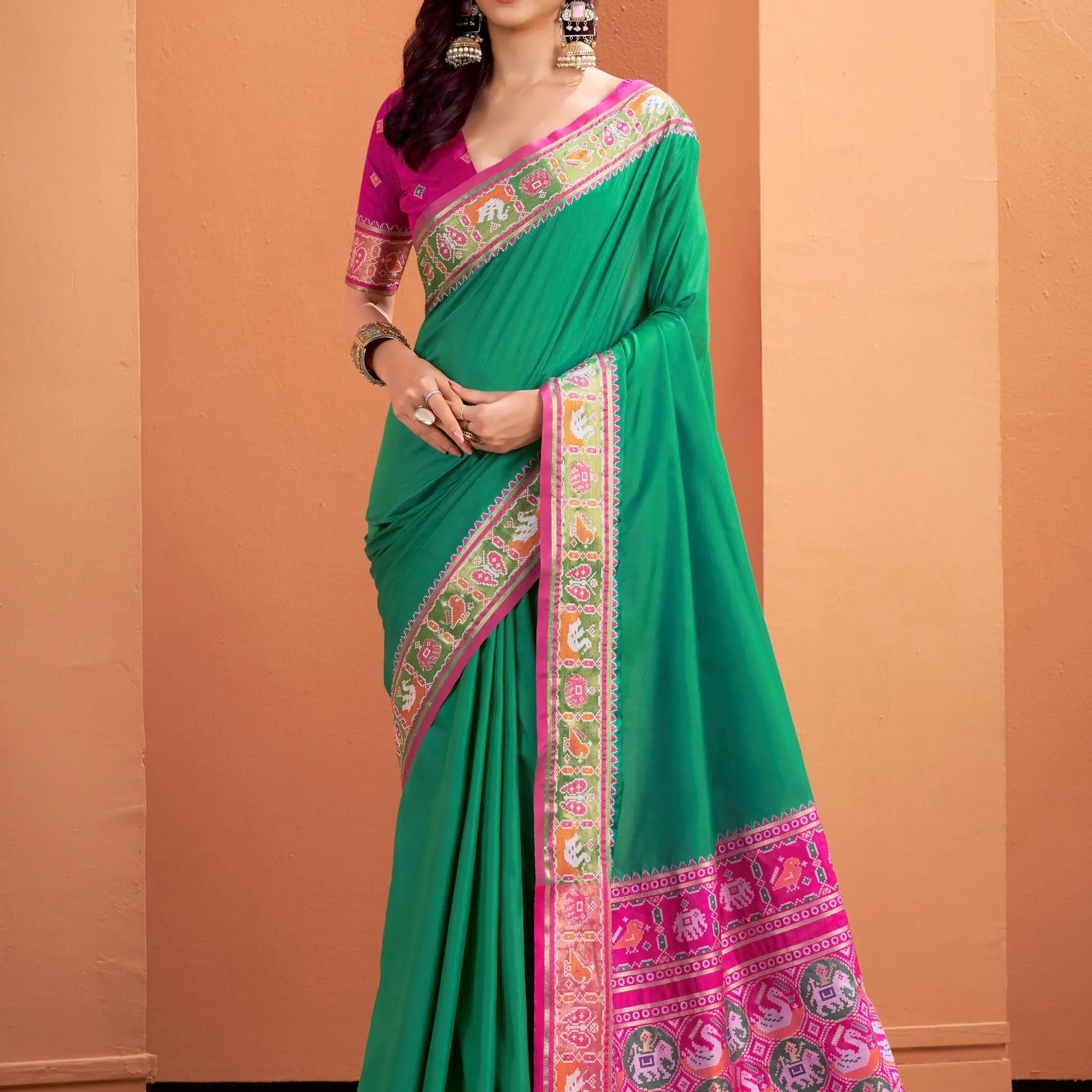 Adorable Sea Green Patola Weaving Silk Mehendi Wear Saree With Blouse - Zeel Clothing