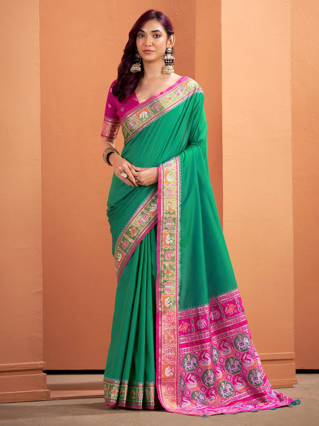 Adorable Sea Green Patola Weaving Silk Mehendi Wear Saree With Blouse - Zeel Clothing
