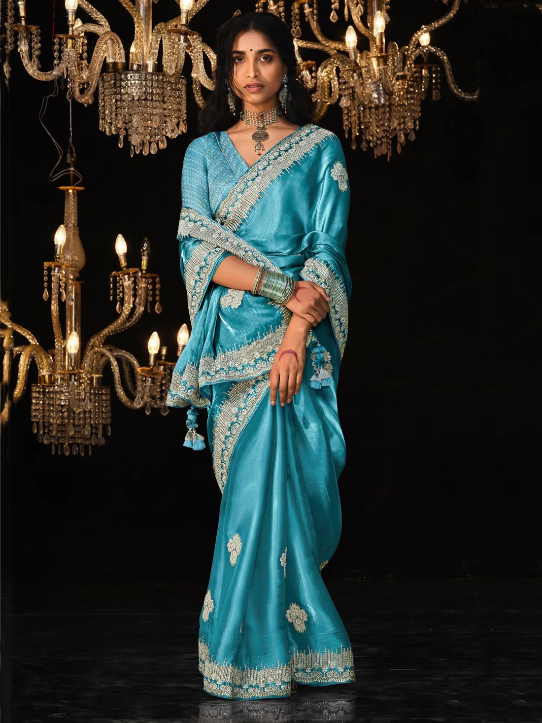 Adorable Sky-Blue Embroidered Tissue Silk Designer Saree With Blouse - Zeel Clothing