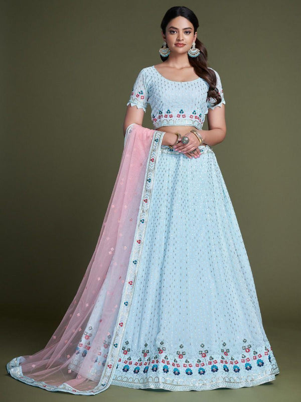 Adorable Sky Blue Embroidery Georgette Wedding Wear Lehenga Choli