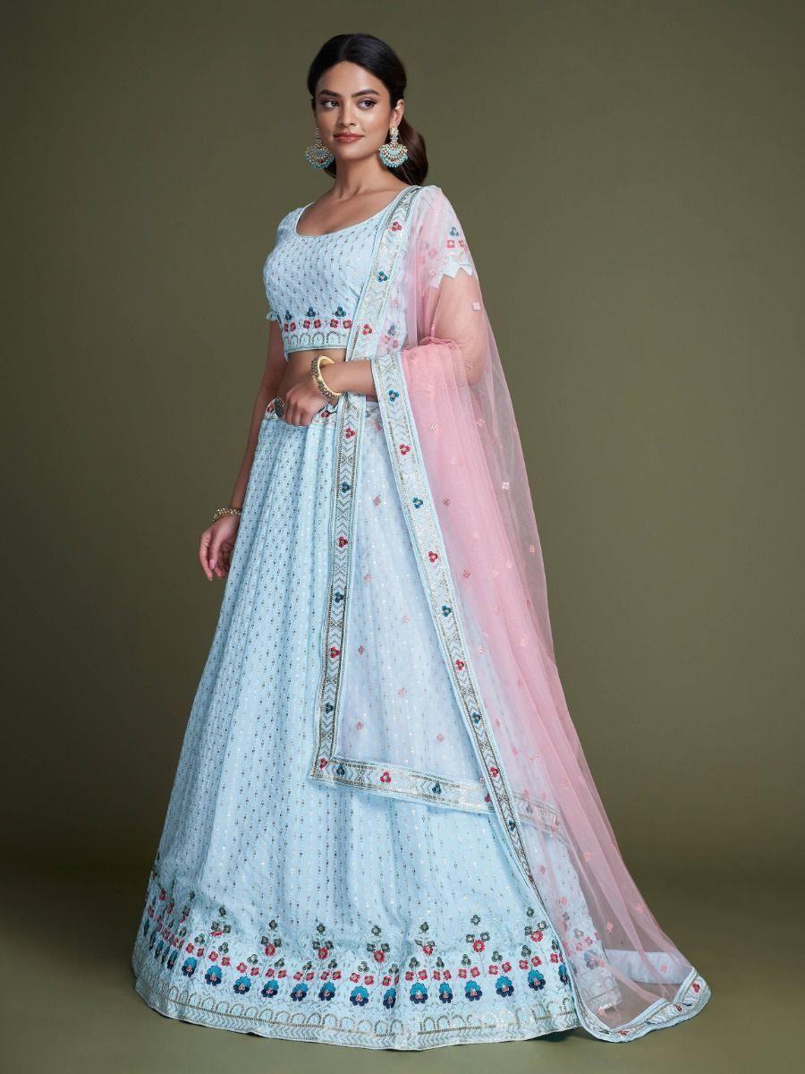 Adorable Sky Blue Embroidery Georgette Wedding Wear Lehenga Choli