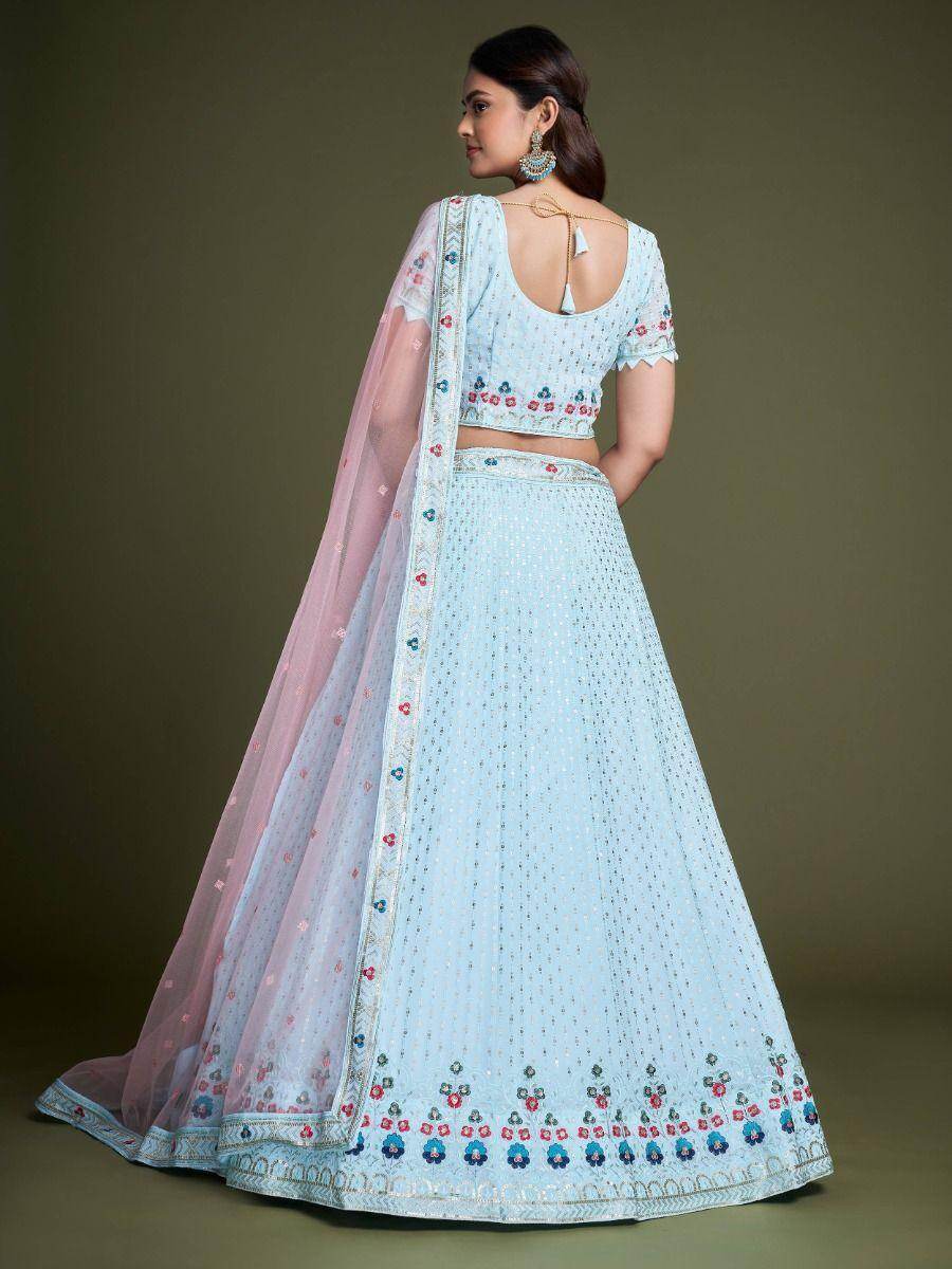 Adorable Sky Blue Embroidery Georgette Wedding Wear Lehenga Choli - Zeel Clothing