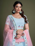 Adorable Sky Blue Embroidery Georgette Wedding Wear Lehenga Choli - Zeel Clothing
