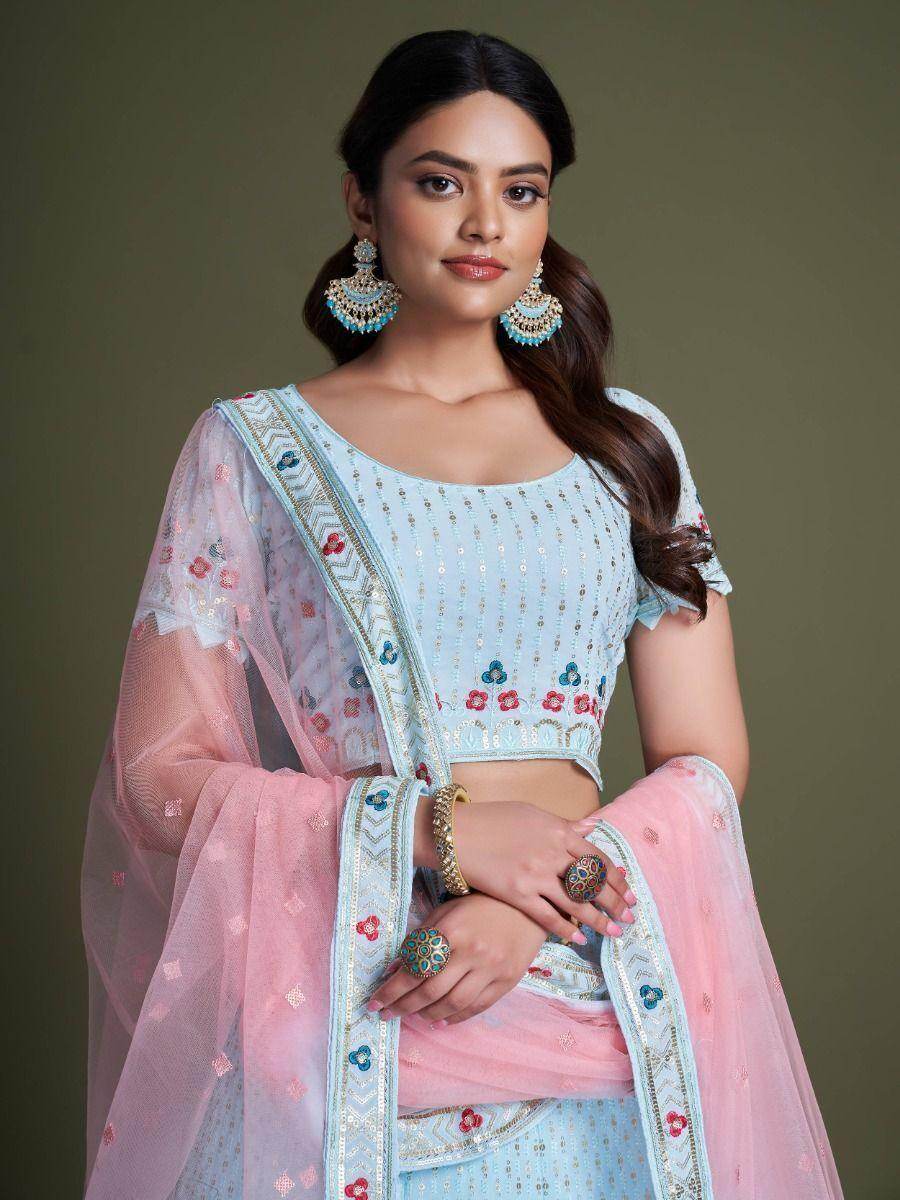 Adorable Sky Blue Embroidery Georgette Wedding Wear Lehenga Choli - Zeel Clothing