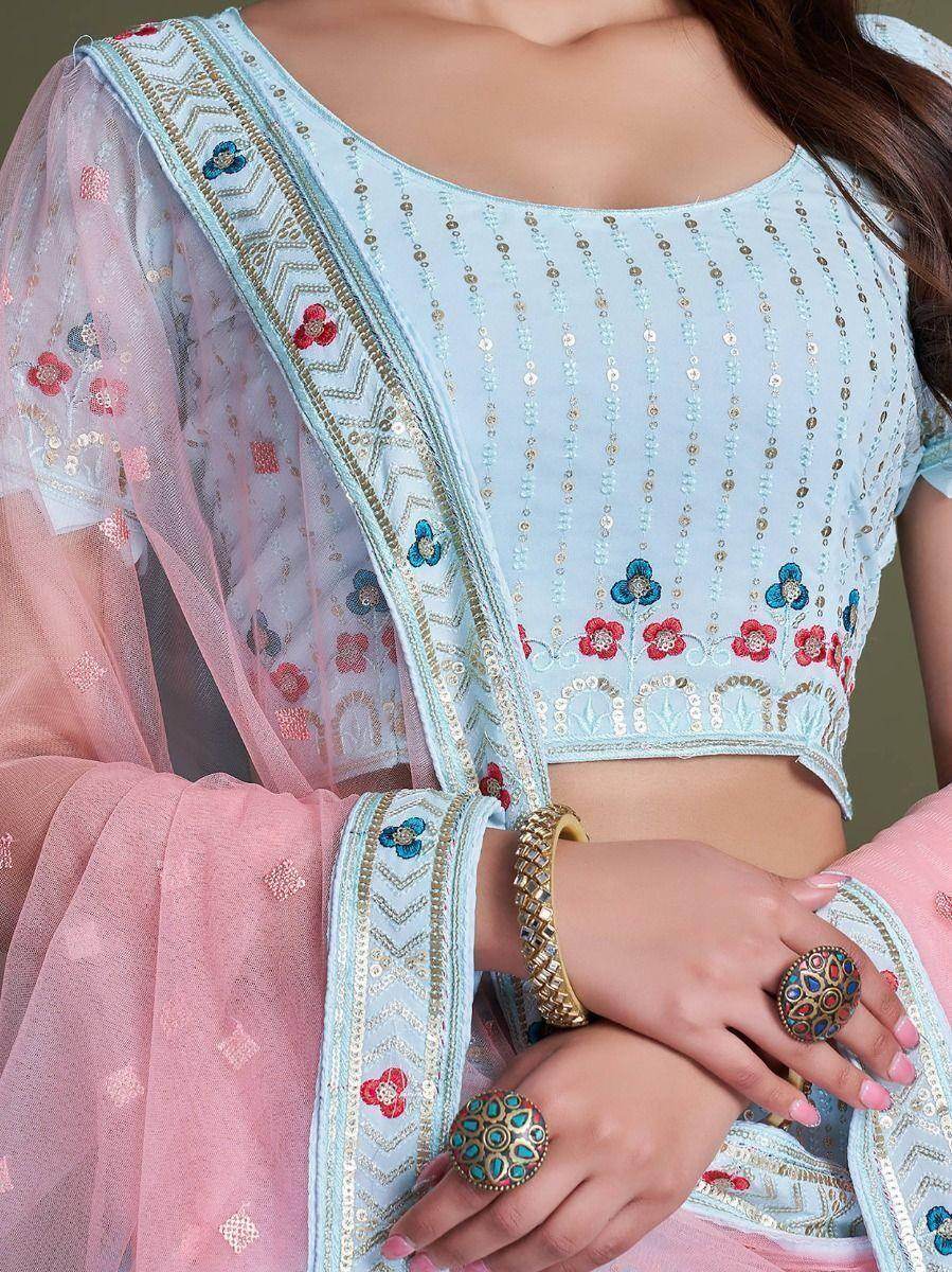 Adorable Sky Blue Embroidery Georgette Wedding Wear Lehenga Choli - Zeel Clothing