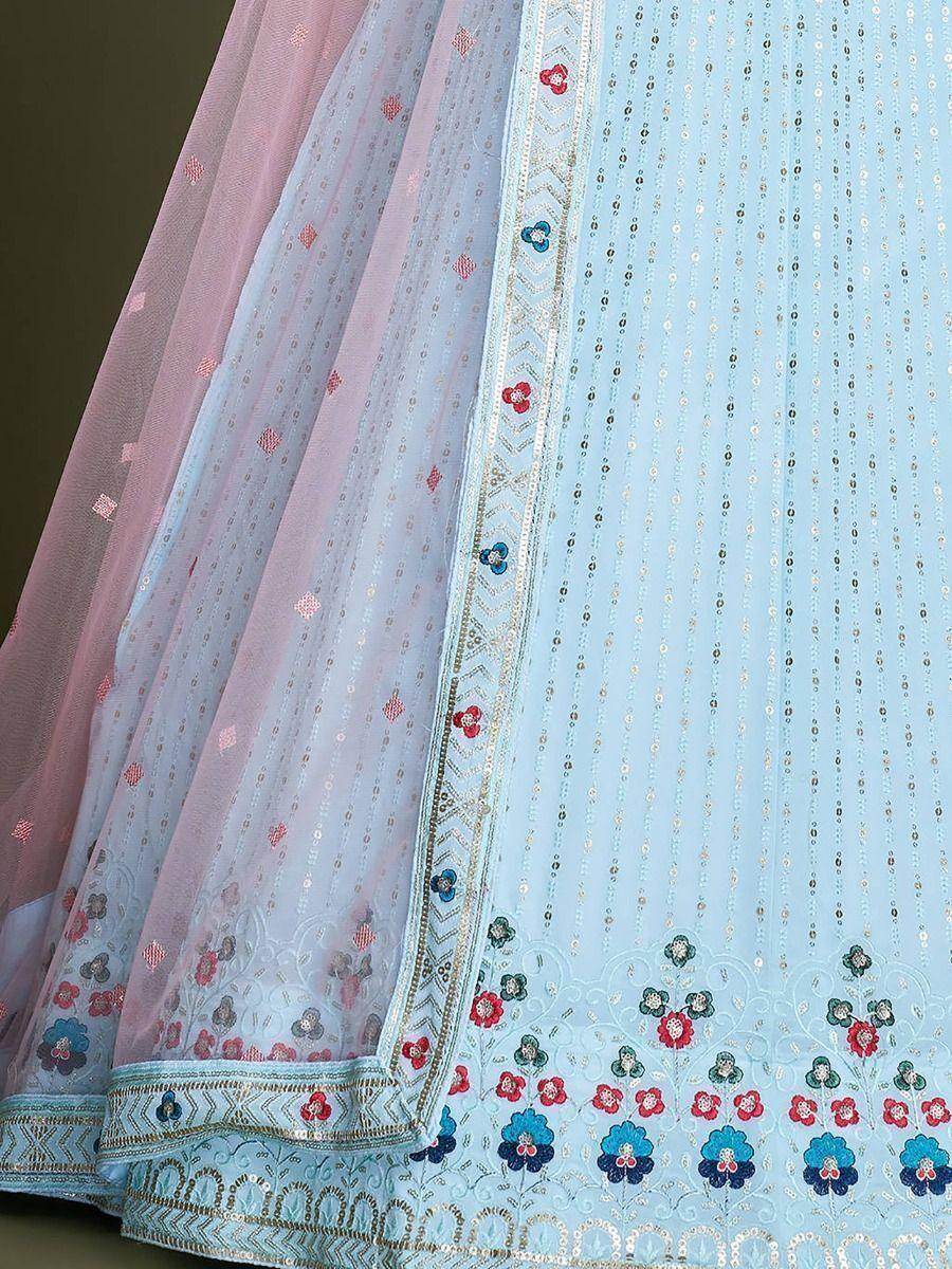 Adorable Sky Blue Embroidery Georgette Wedding Wear Lehenga Choli - Zeel Clothing