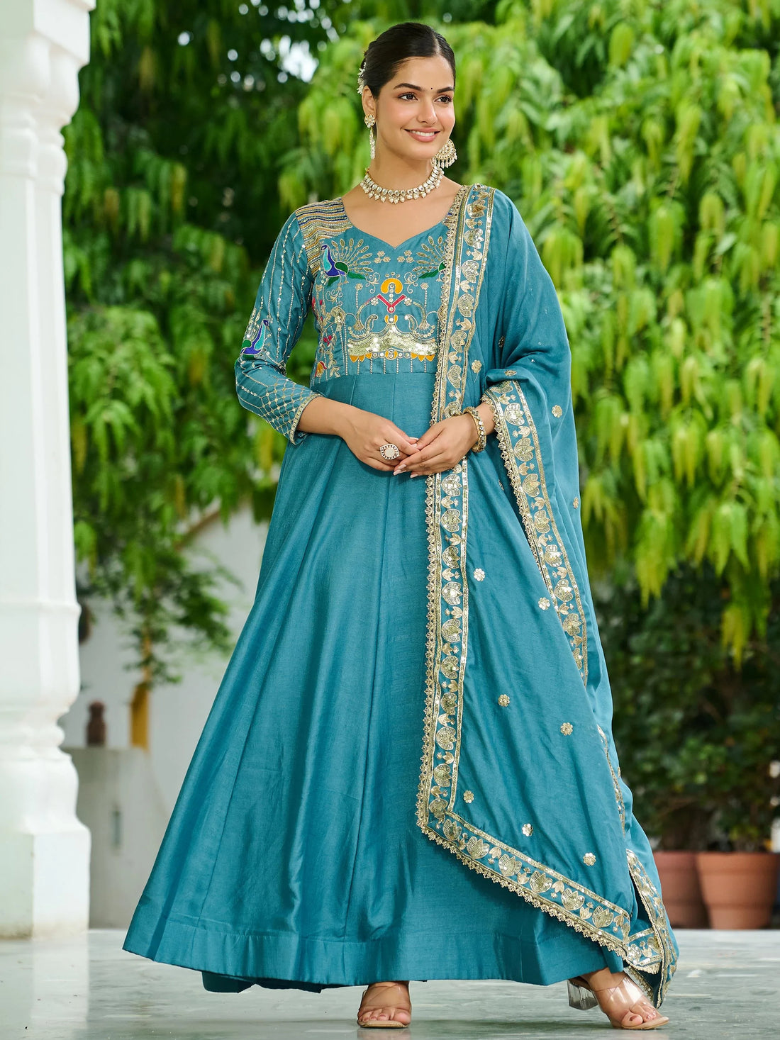 Adorable Sky Blue Sequins Silk Wedding Wear Gown With Dupatta