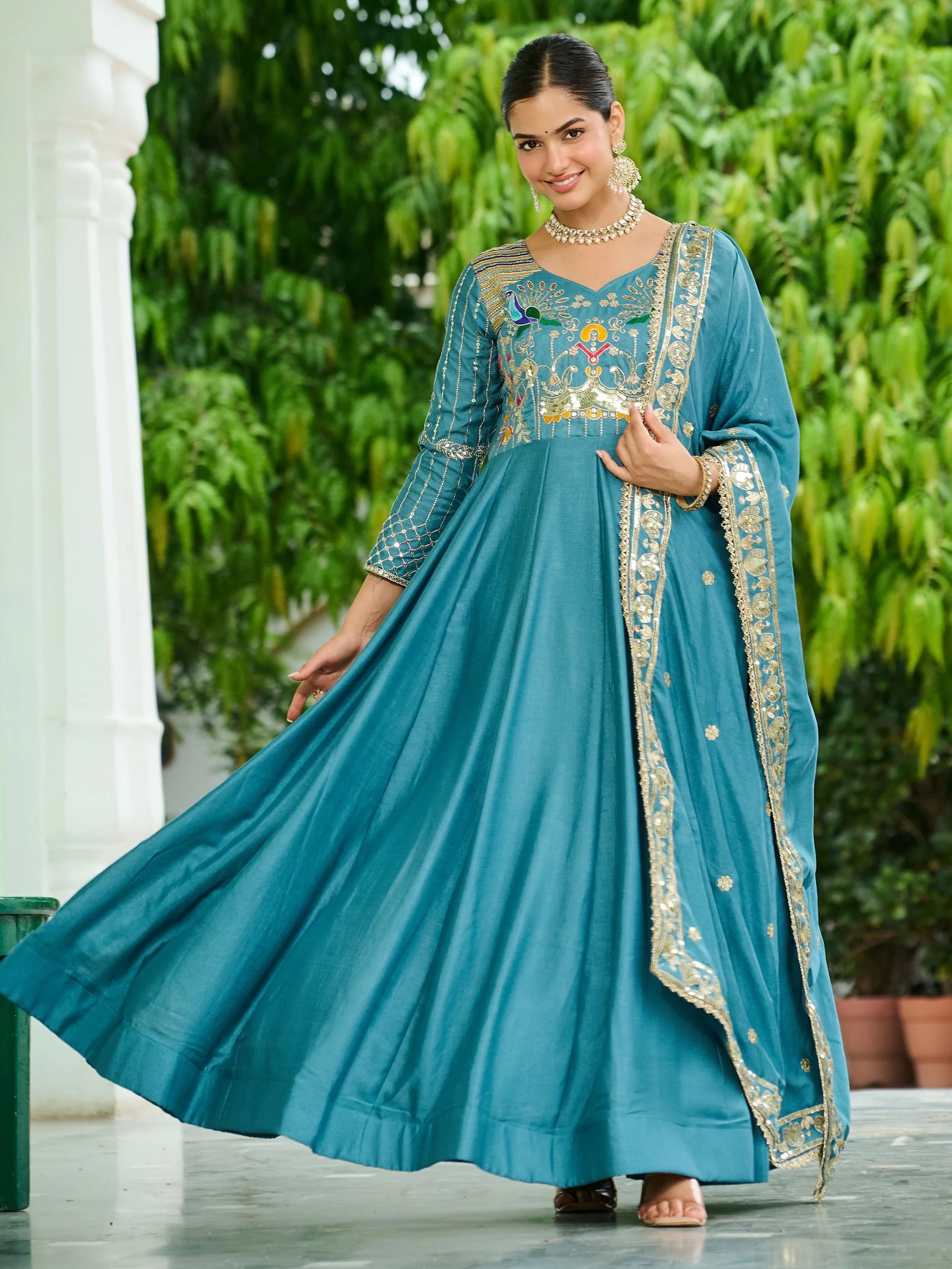 Adorable Sky Blue Sequins Silk Wedding Wear Gown With Dupatta
