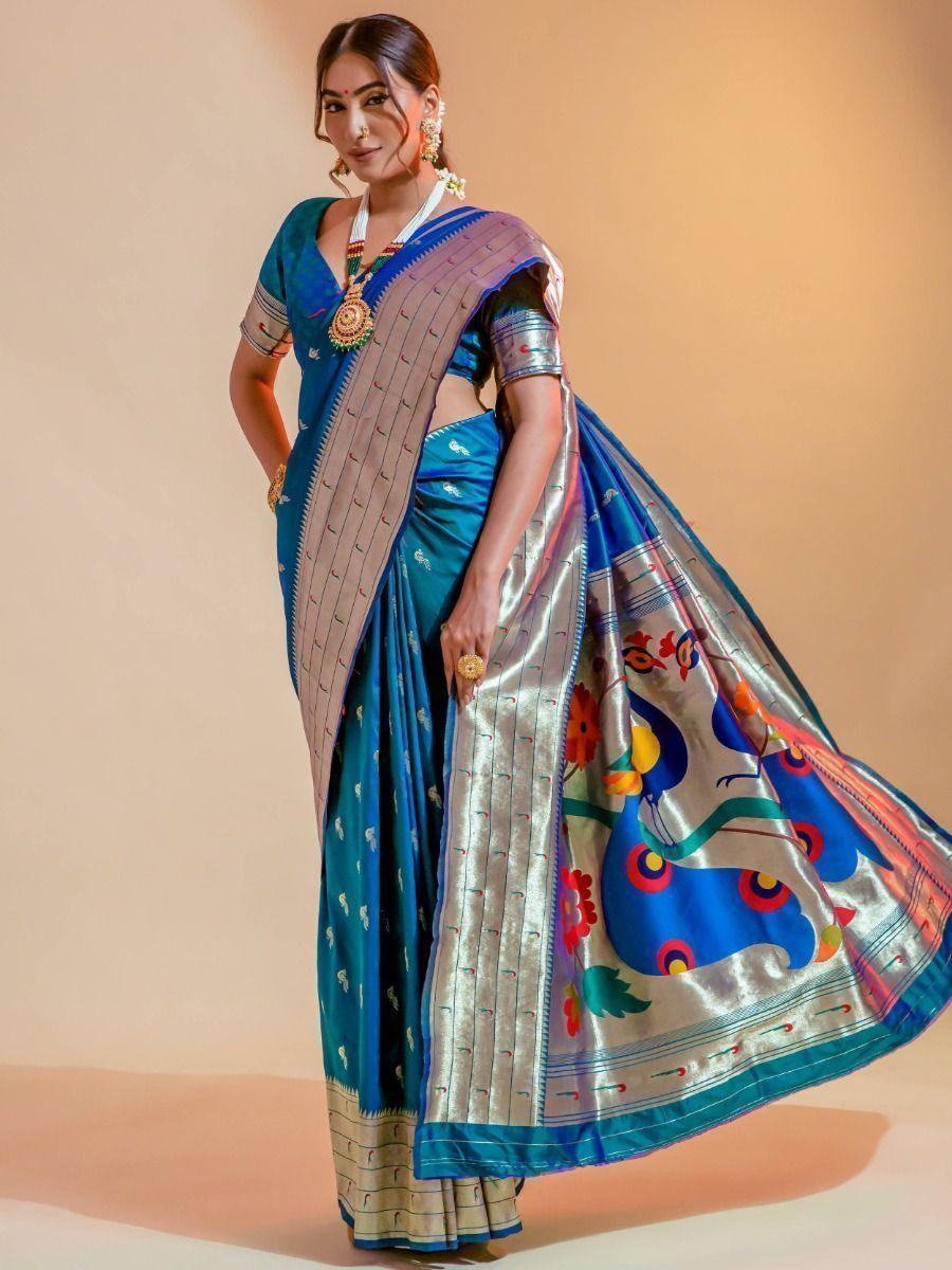 Adorable Sky Blue Zari Weaving Paithani Silk Traditional Saree