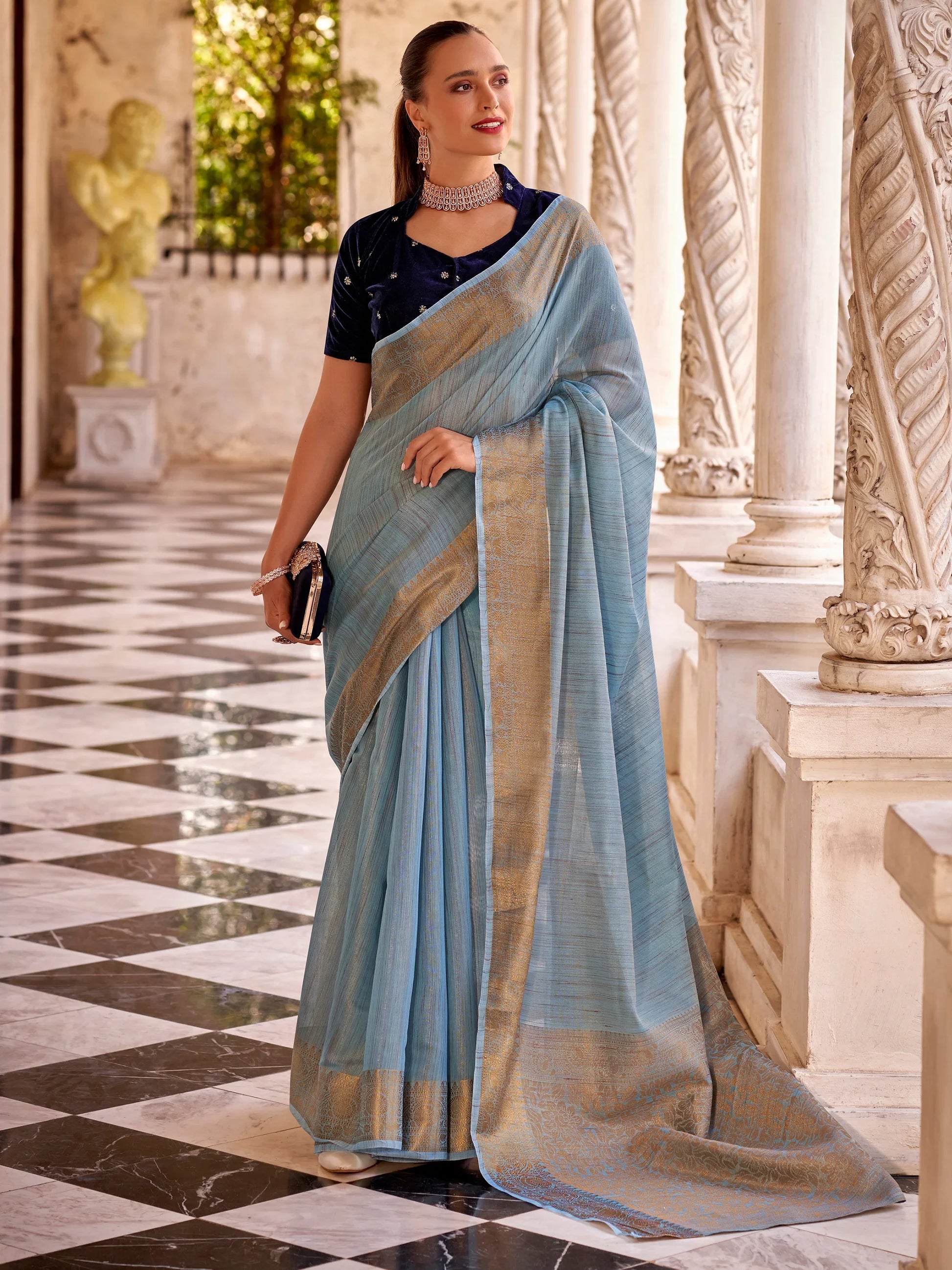 Adorable Sky Blue Zari Weaving Tissue Silk Festival Wear Saree - Zeel Clothing