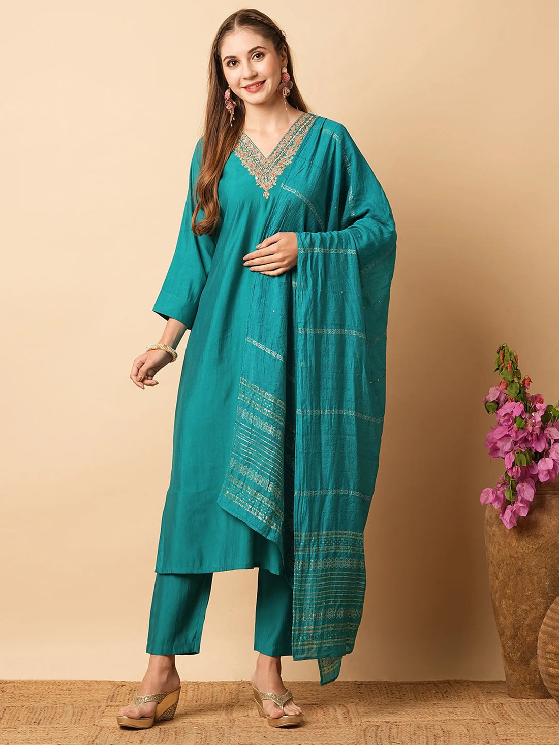 Adorable Teal Blue Embroidered Chanderi Silk Festival Wear Pant Suit - Zeel Clothing