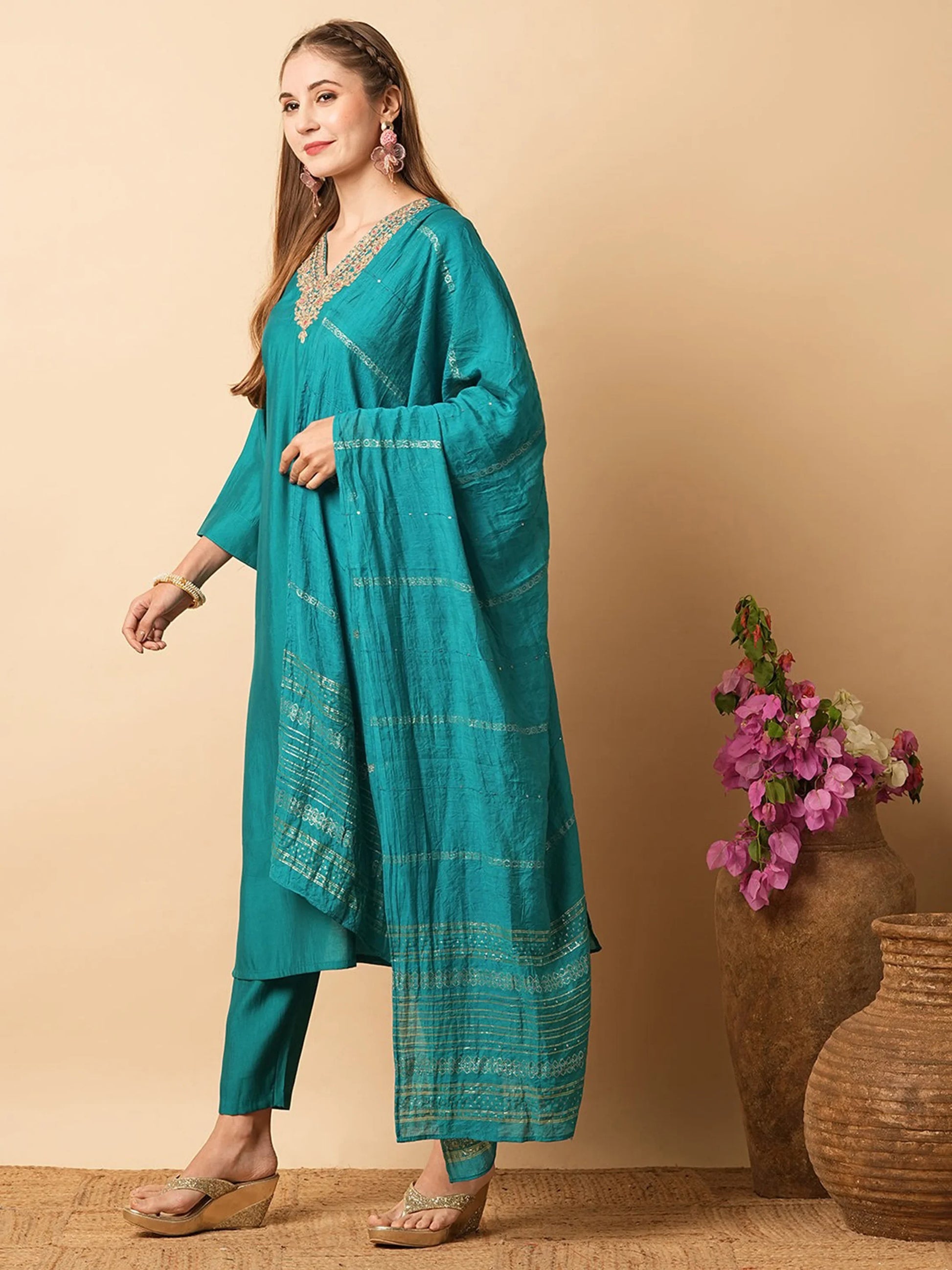 Adorable Teal Blue Embroidered Chanderi Silk Festival Wear Pant Suit - Zeel Clothing