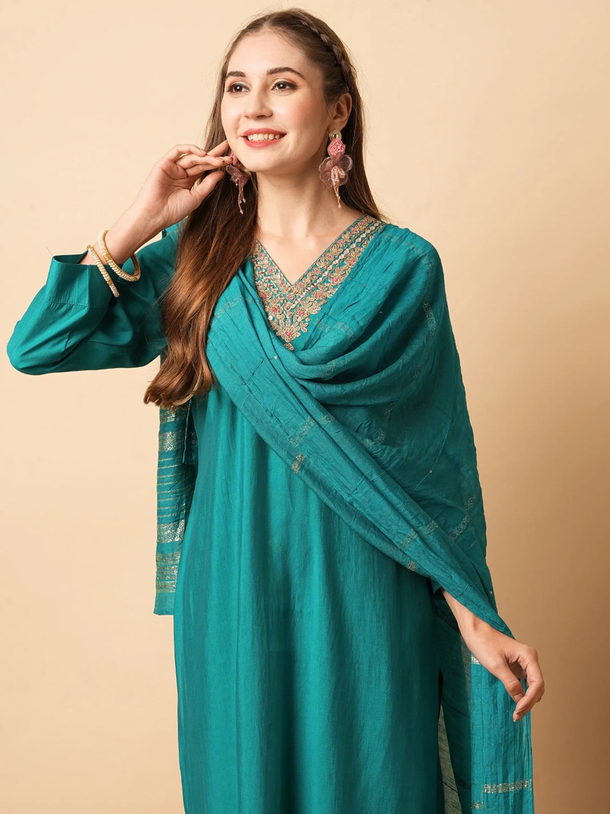 Adorable Teal Blue Embroidered Chanderi Silk Festival Wear Pant Suit - Zeel Clothing