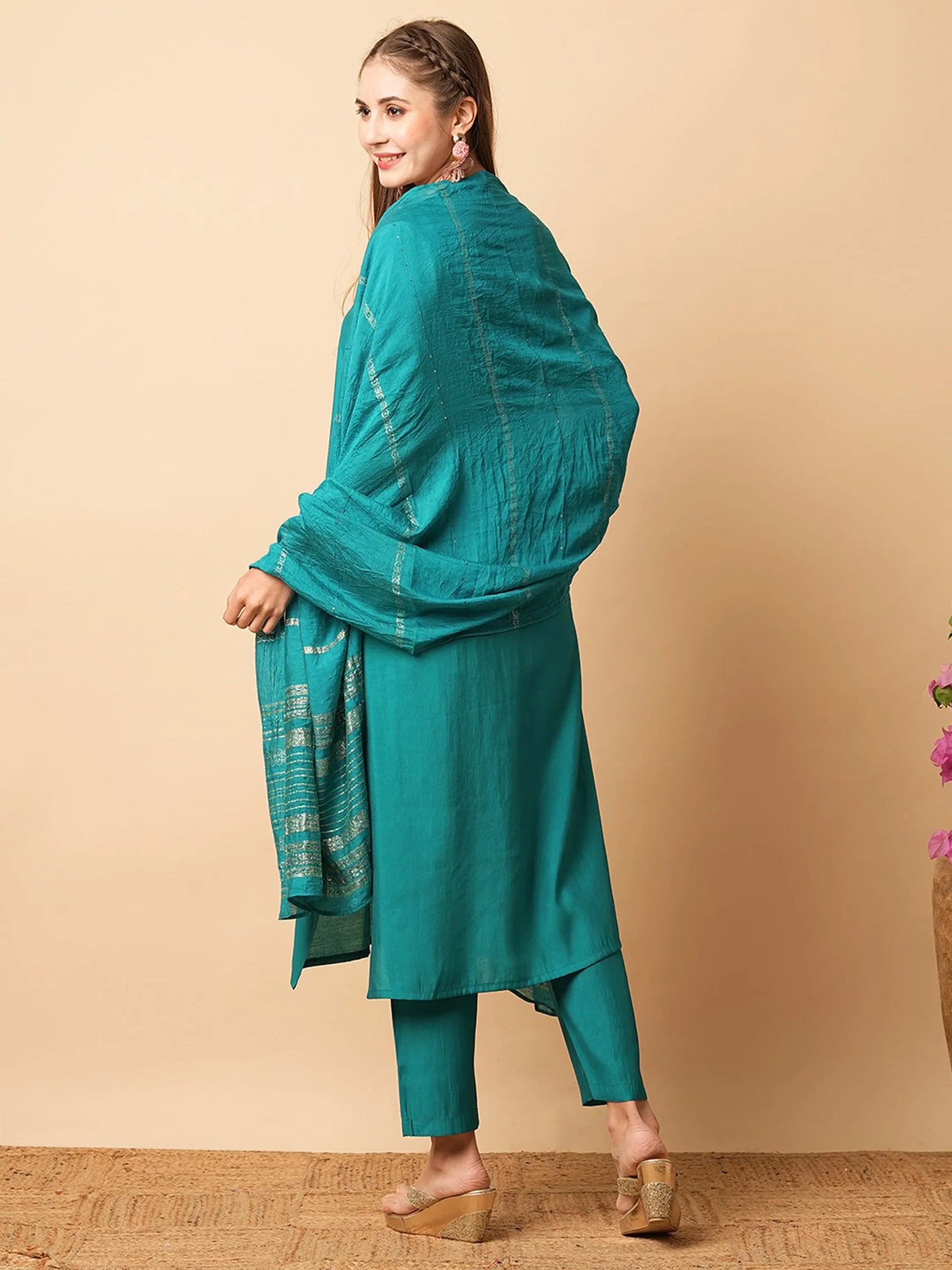 Adorable Teal Blue Embroidered Chanderi Silk Festival Wear Pant Suit - Zeel Clothing